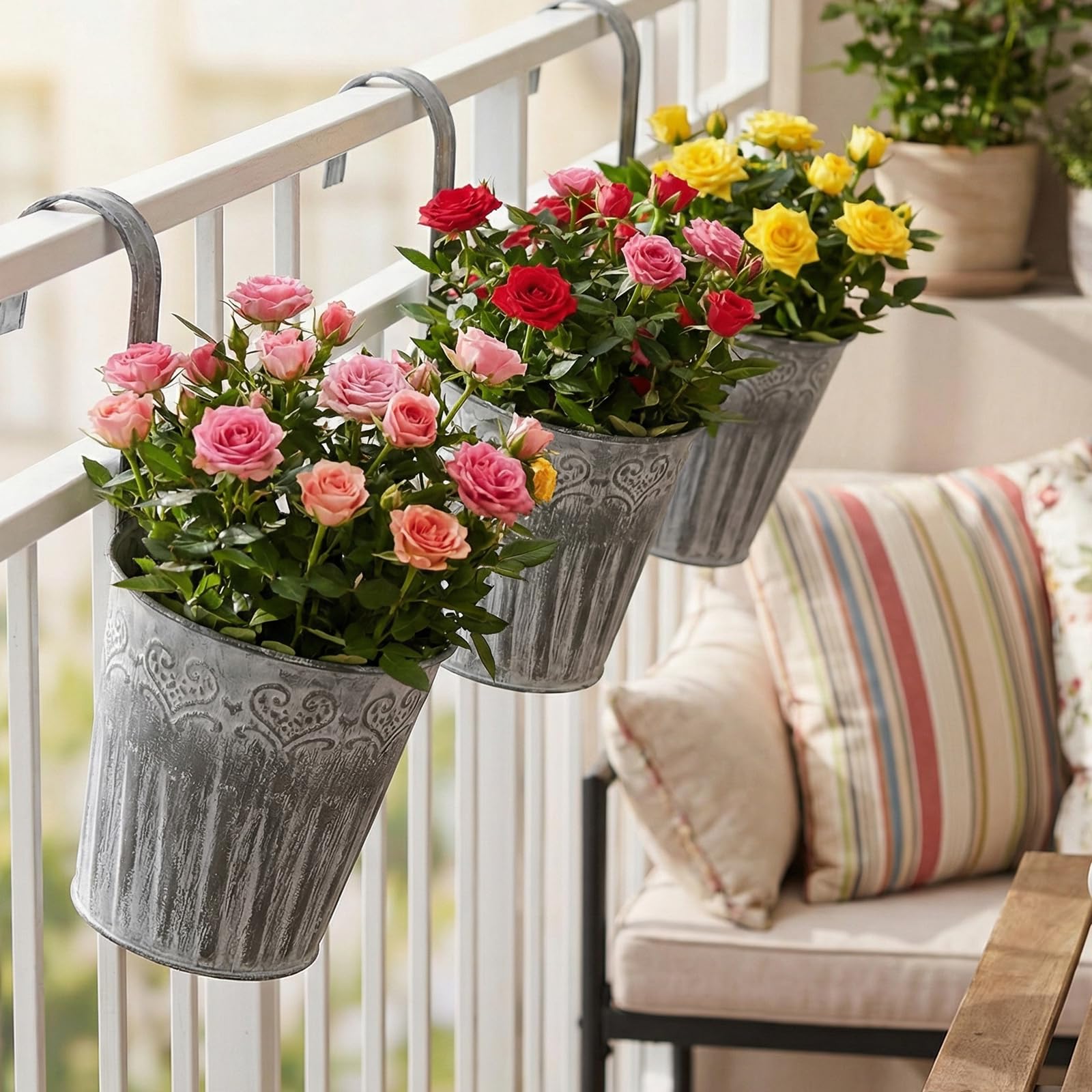 Zestaw 10 wiszących doniczek metalowych, małe, w stylu vintage, na balkon, do zawieszenia, z haczykami, na balkon, do ogrodu, dekoracja ścienna