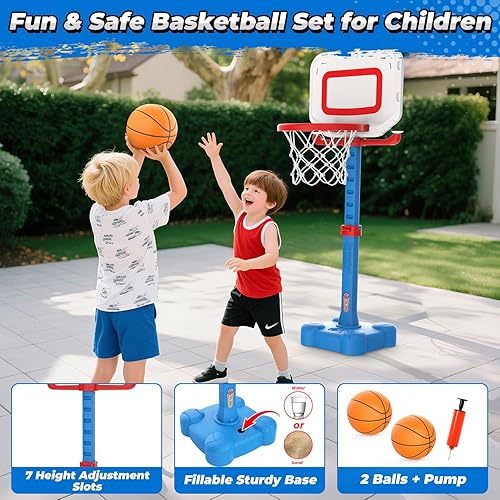 Miniatura 8 de EagleStone Juego de aro de baloncesto 4 en 1 y pelota en T, altura ajustable, juguete de lanzamiento de pelota y anillo, regalo deportivo al aire