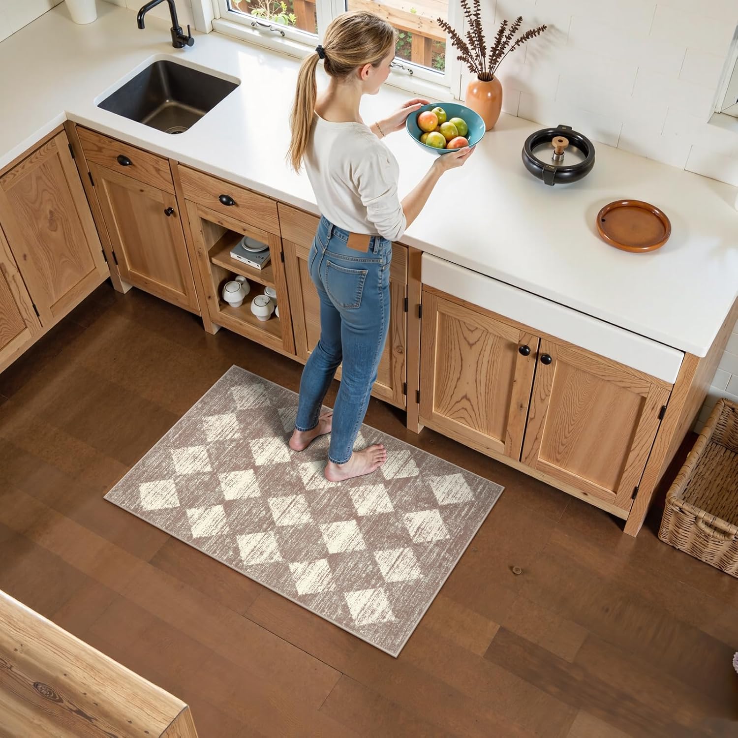 Lahome Moroccan Treills Area Rug - 2x3 Small Beige Bathroom Rug Door Rugs for Entryway Indoor, Checkered Washable Non Slip Throw Carpet for Bathroom Powder Room Kitchen Bedroom Front Door - Image 2