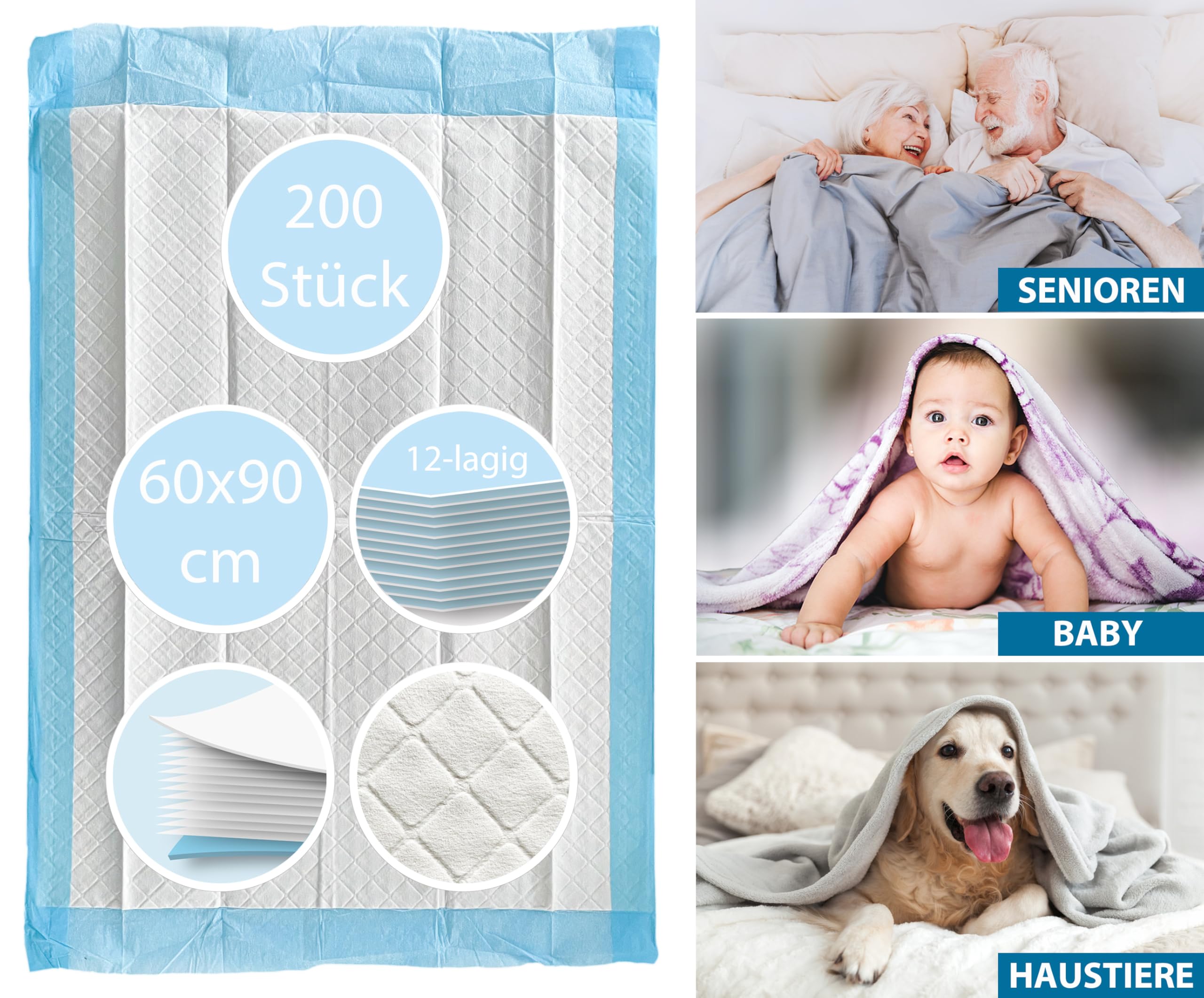 TIGA-MED Krankenunterlagen 60x90cm | 12-lagig | 200 Stück | Trainingspads | Wickelunterlagen für Babys | Einmal Patientenunterlagen | Inkontinenzunterlagen | Welpenunterlagen