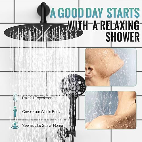 Miniatura 7 de SR SUN RISE Sistema de ducha montado en el techo de 12 pulgadas, grifo de ducha de lluvia con rociador de mano de 6 ajustes, negro mate