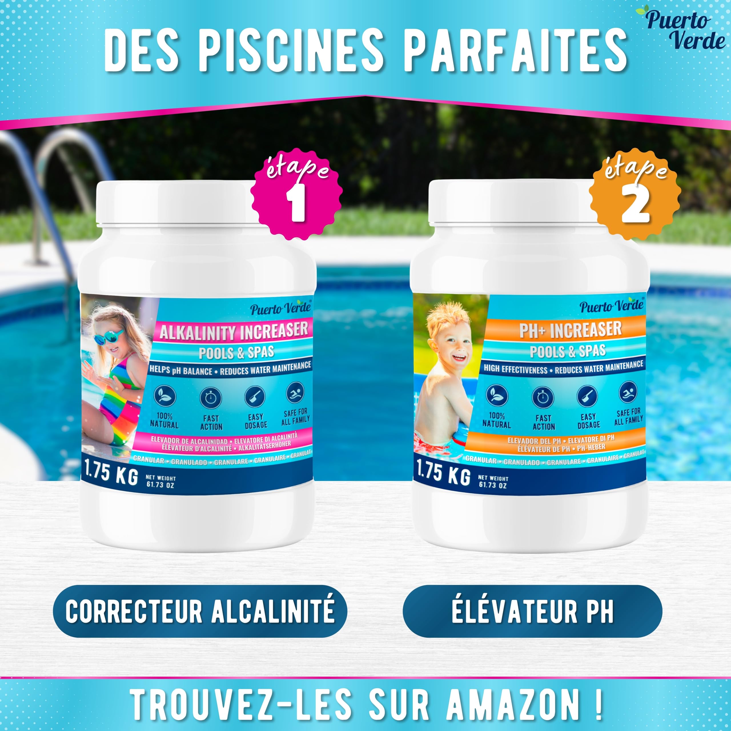 Puerto Verde • Pool Alkaliniteit Corrector 1,75 kg. Verhoogt de totale alkaliteit (TAC) en corrigeert de pH. Snelle en effectieve werking. Veilig poederformaat voor het hele gezin. Europese productie
