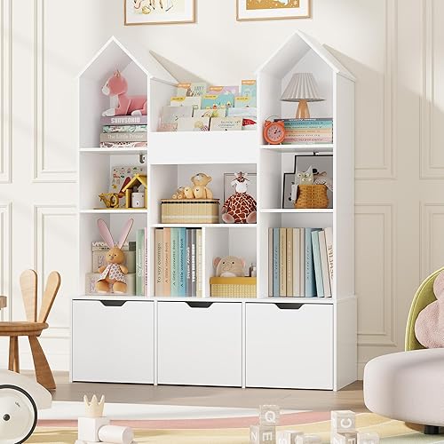 Miniatura 7 de Organizador de almacenamiento de juguetes con techo de castillo, estantería grande para niños con 3 cajones móviles y 9 cubos de almacenamiento,