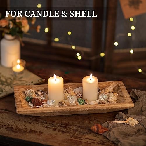 Vista 31 de Hanobe Cuenco decorativo de madera para masa: centro de mesa de madera largo, decoraciones de mesa con portavelas natural, bandeja decorativa