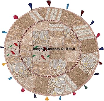 Patchwork Cotton Boho Chic Bohemian Hand Embroidered Round Floor Pillows & Cushion Cover Seating Pouf Ottoman 18 inch Beige