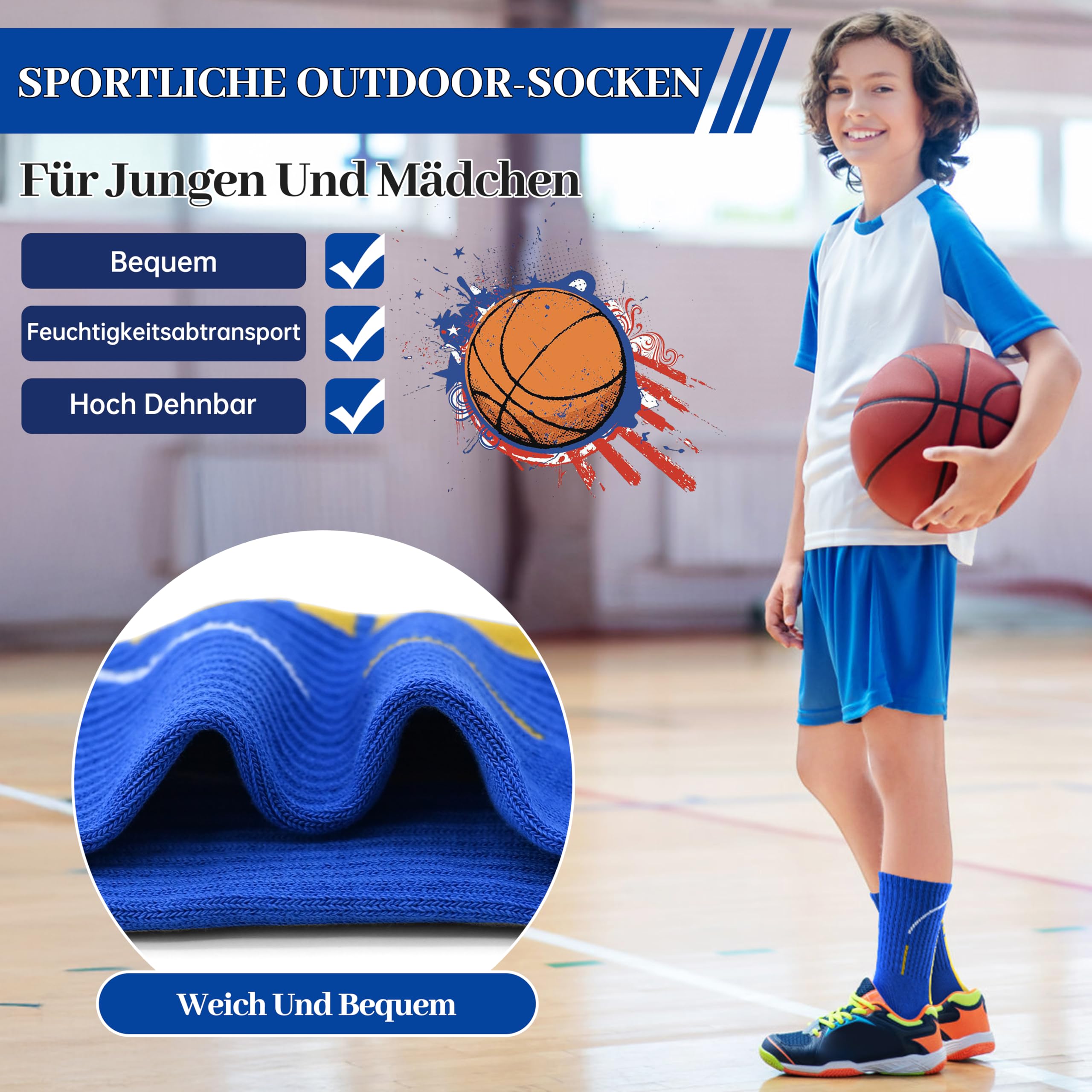 HYCLES Lot de 6 paires de chaussettes de basket-ball en coton respirant pour garçons et filles pour football, rugby, tennis de 6 à 16 ans