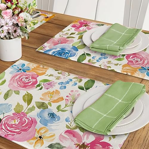 Miniatura 6 de Seliem Juego de 4 manteles individuales florales de primavera y verano, con diseño de hojas de peonía de acuarela, decoración de cocina de