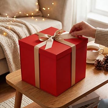 Tekhoho Red Large Gift Box 28x28x26.5cm, Premium Present Box with Lid and Ribbon for Holidays Wedding Birthday Gift Packaging, Plaid Lining