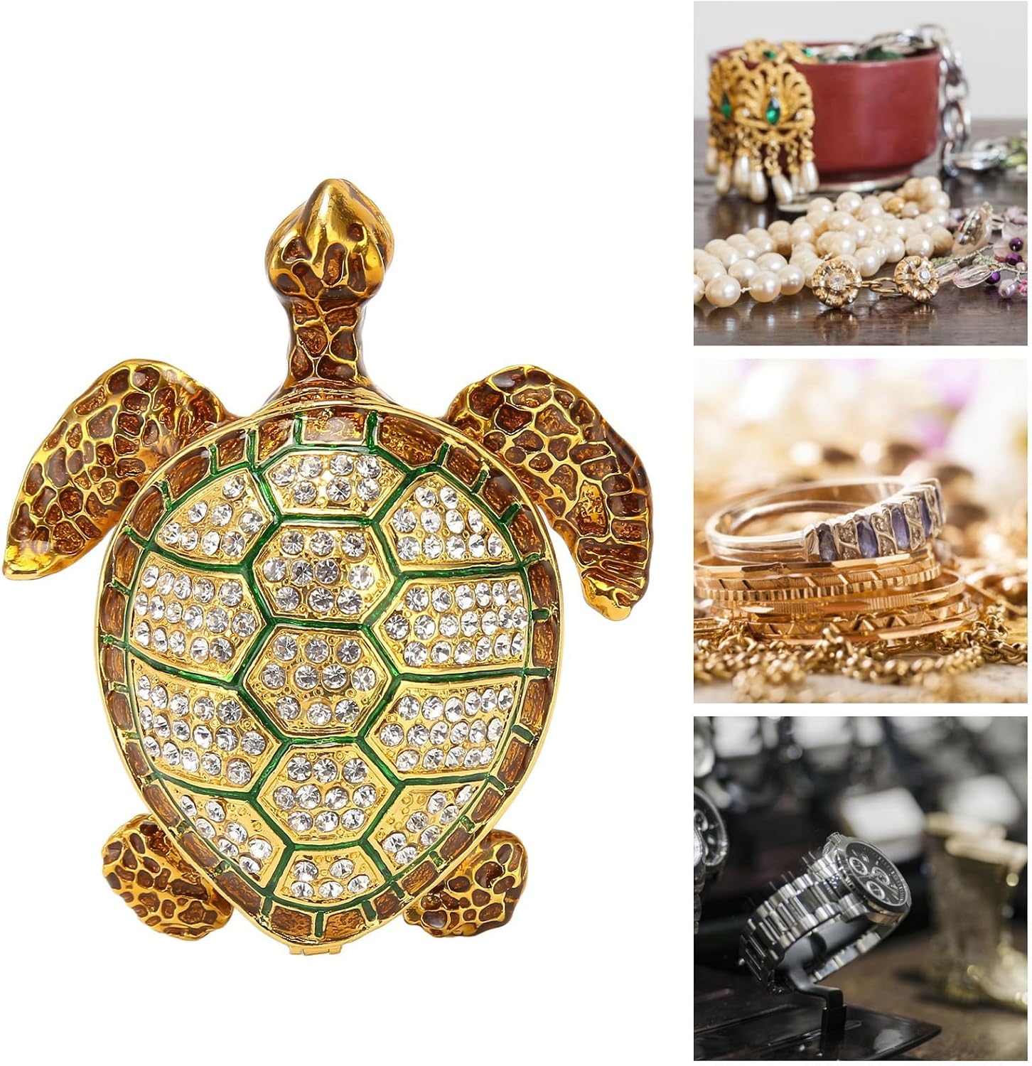 Tortoise Trinket Box,Turtle Trinket Jewelry Box, Hinged Trinket Box, Embedded Rhinestone Zinc Alloy Bright Colors Multi Purpose Bejeweled Box for Home Dressing Table