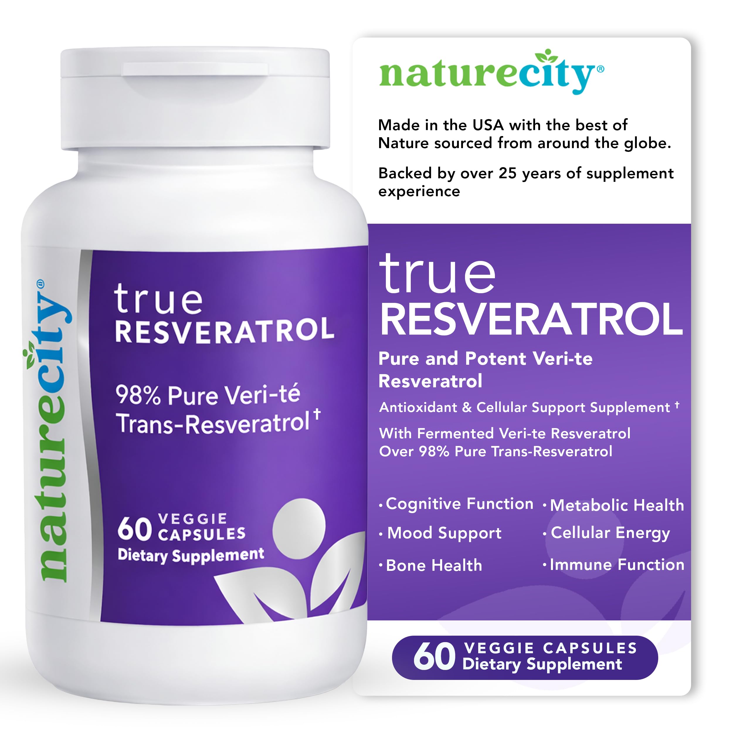 NatureCity TrueResveratrol – συμπλήρωμα ρεσβερατρόλης & Υποστήριξη κατά της γήρανσης με 75mg Trans-Resveratrol (98% Pure Veri-te) για την καρδιά, ανοσοποιητικό, οστά & Γνωστική Υγεία