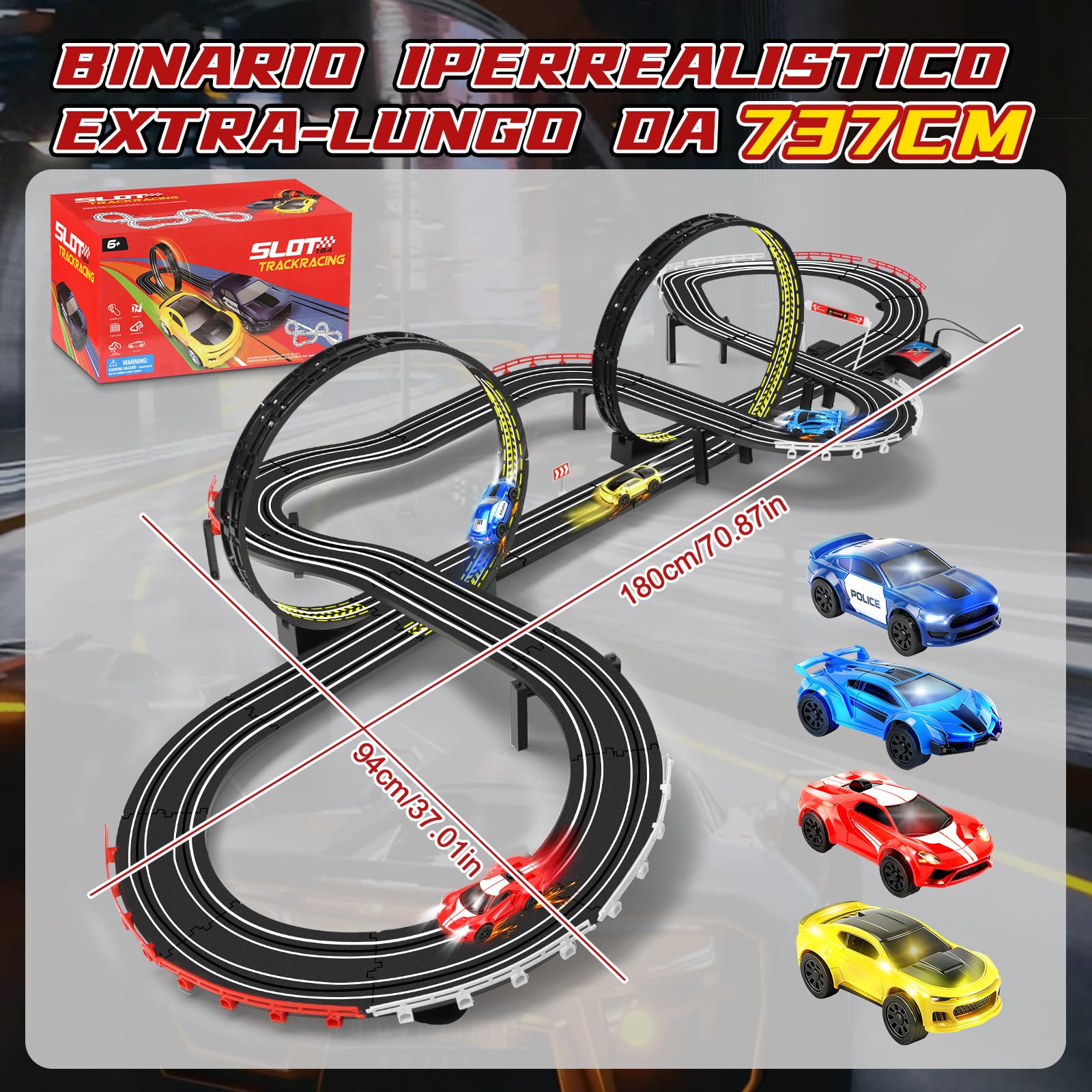 JONRRYIN Piste Corsa Elettriche, 1:64 Pista Macchine Telecomandate Extra-Lungo Piste Auto - 4 Led Macchine, USB, Comandi, Contatore, Passaggio A 360°, Giocattoli Regali Piste Corsa Bambini 3+ Anni