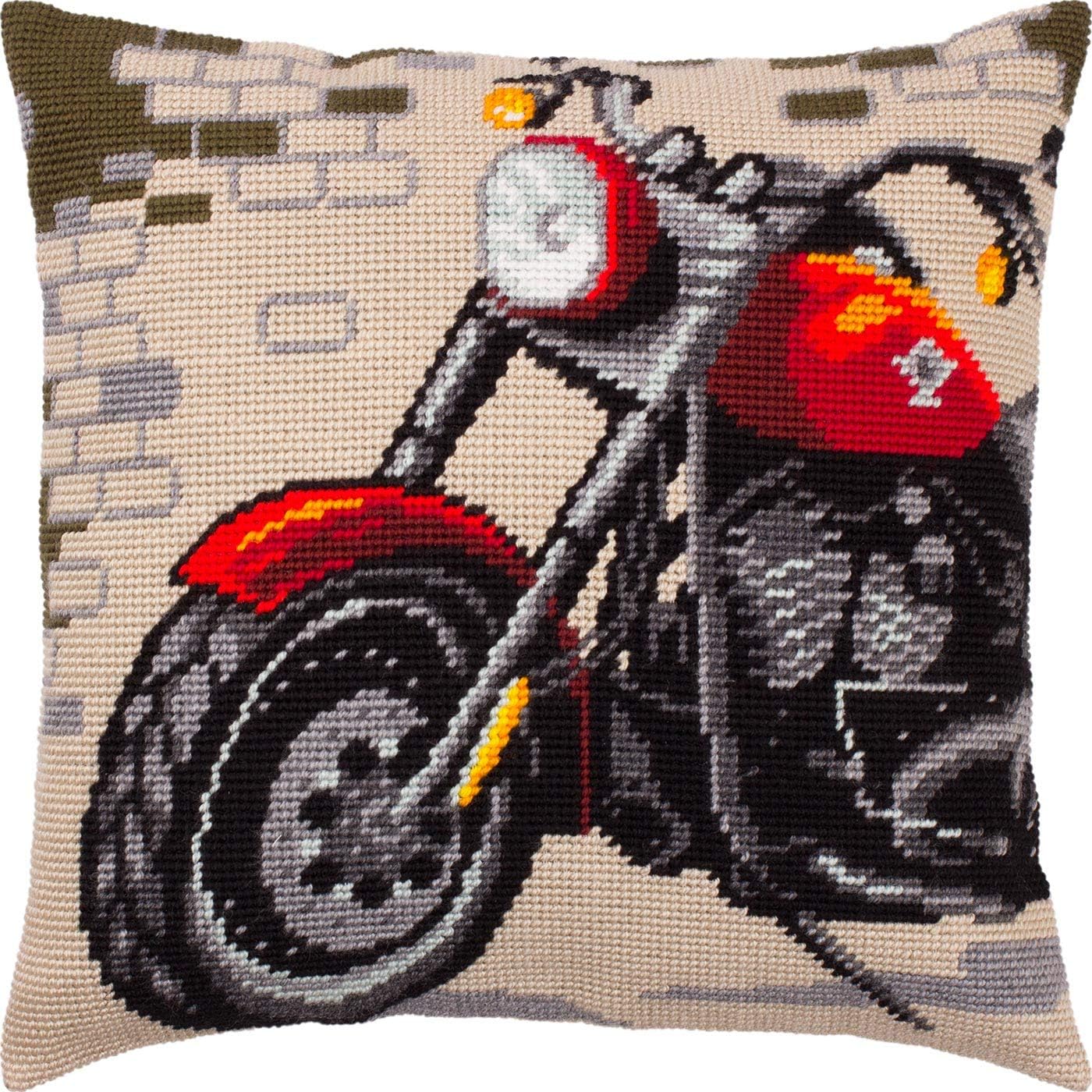 Brvsk Boys Needlepoint Kit for Adults and Beginners — Motorcycle 16″ × 16″ with Clear, Precise Printed Design on Cotton Canvas; Includes 2 Needles, Yarn, and Easy-Read Chart