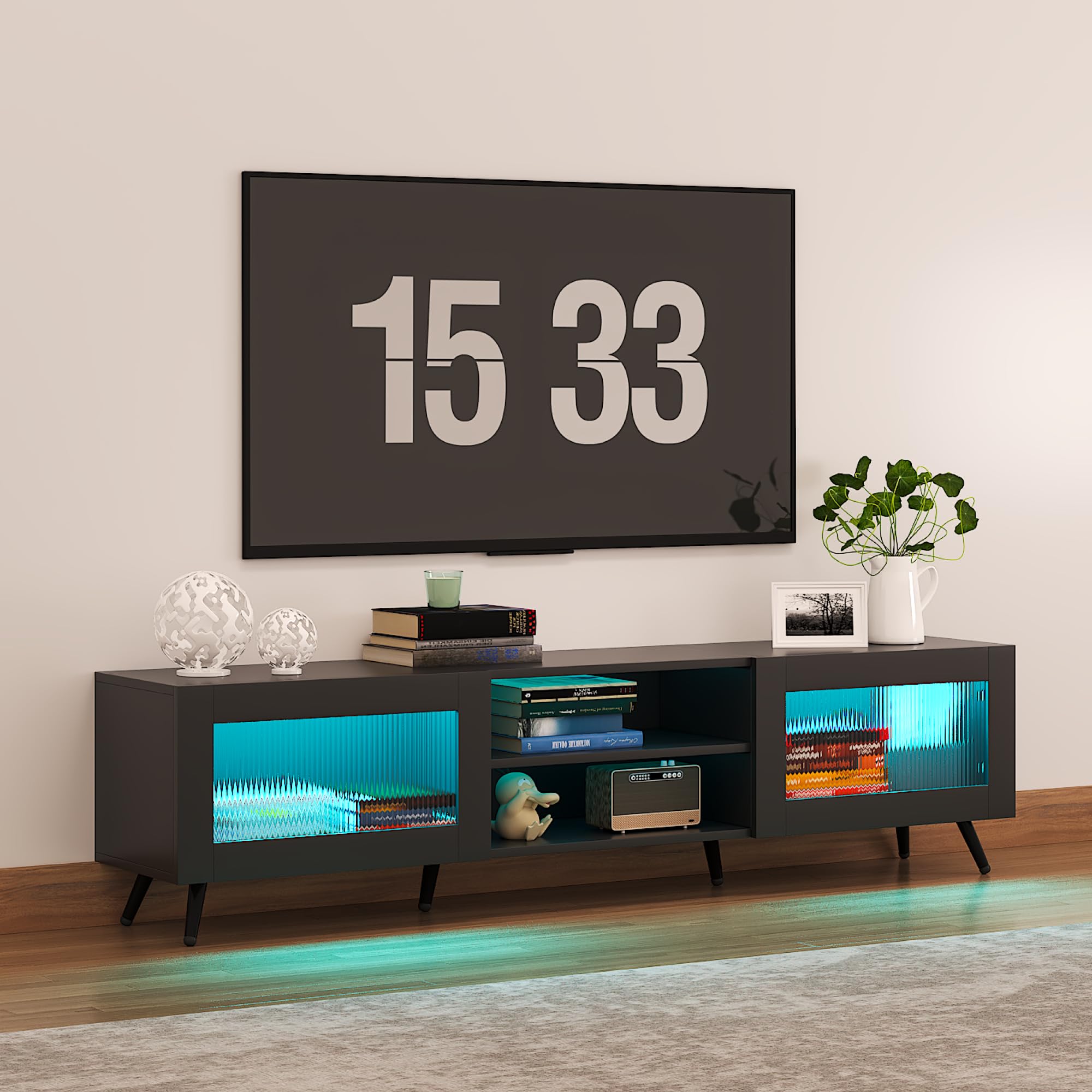 KEEPREAPER TV-Schrank, stehend Lowboard mit LED-Beleuchtung, Fernsehtisch mit 2 Acryltüren, für Fernseher bis zu 70 Zoll, für Wohnzimmer 160 x 29 x 40 cm (Schwarz)