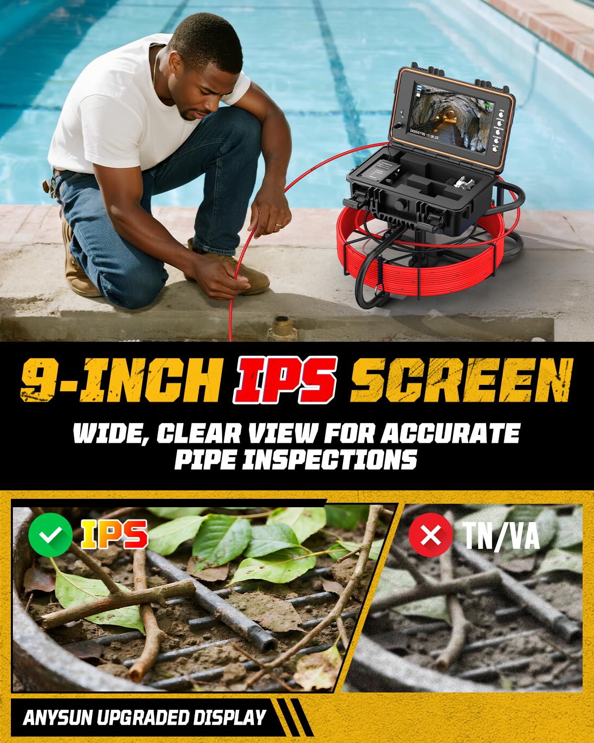 Anysun 9'' Sewer Camera Self Leveling, 7MM Fiberglass Cable, 5100mAh, DVR — Amazon image 5