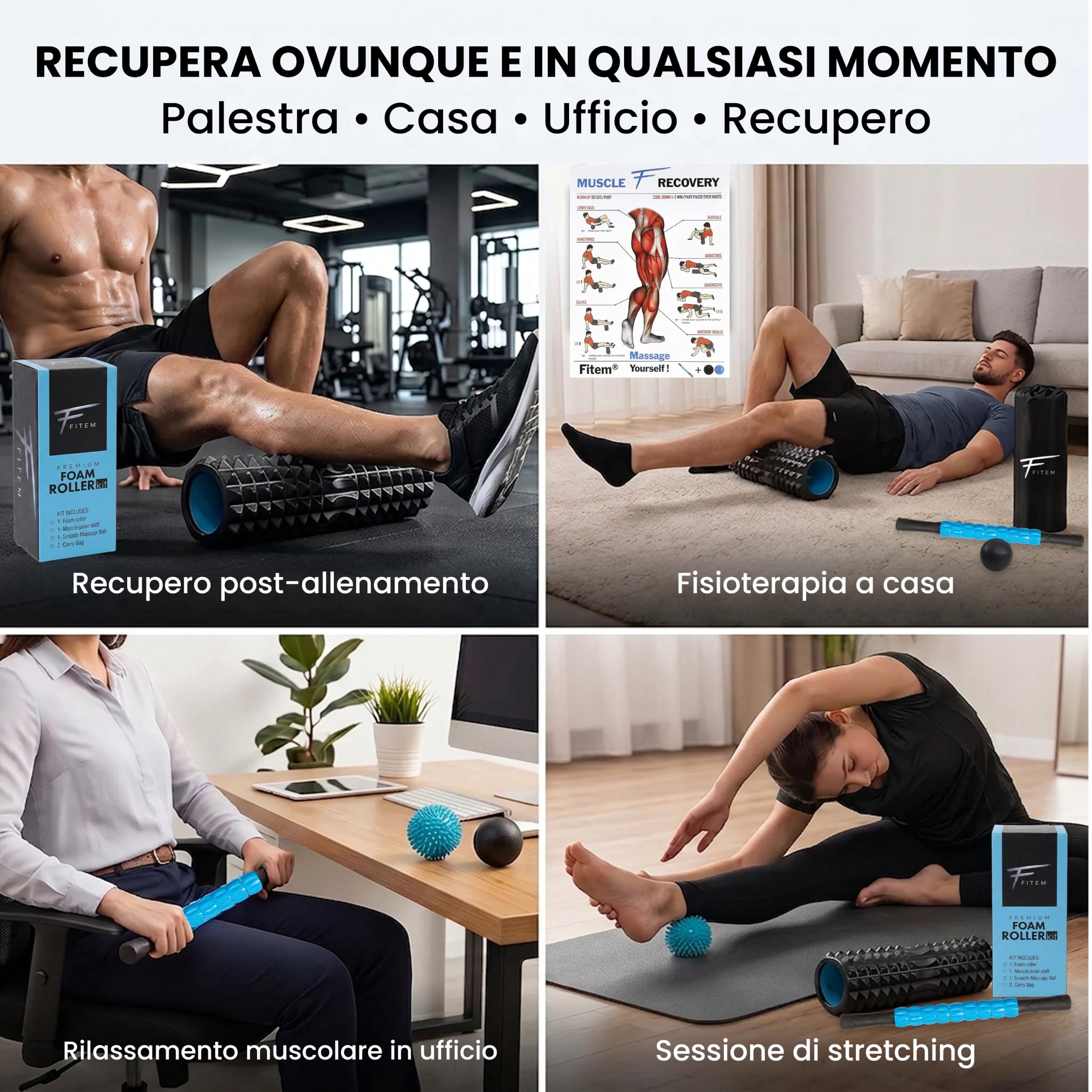 Fitem Set Rullo Massaggio Muscolare Foam Roller 4in1 Nero