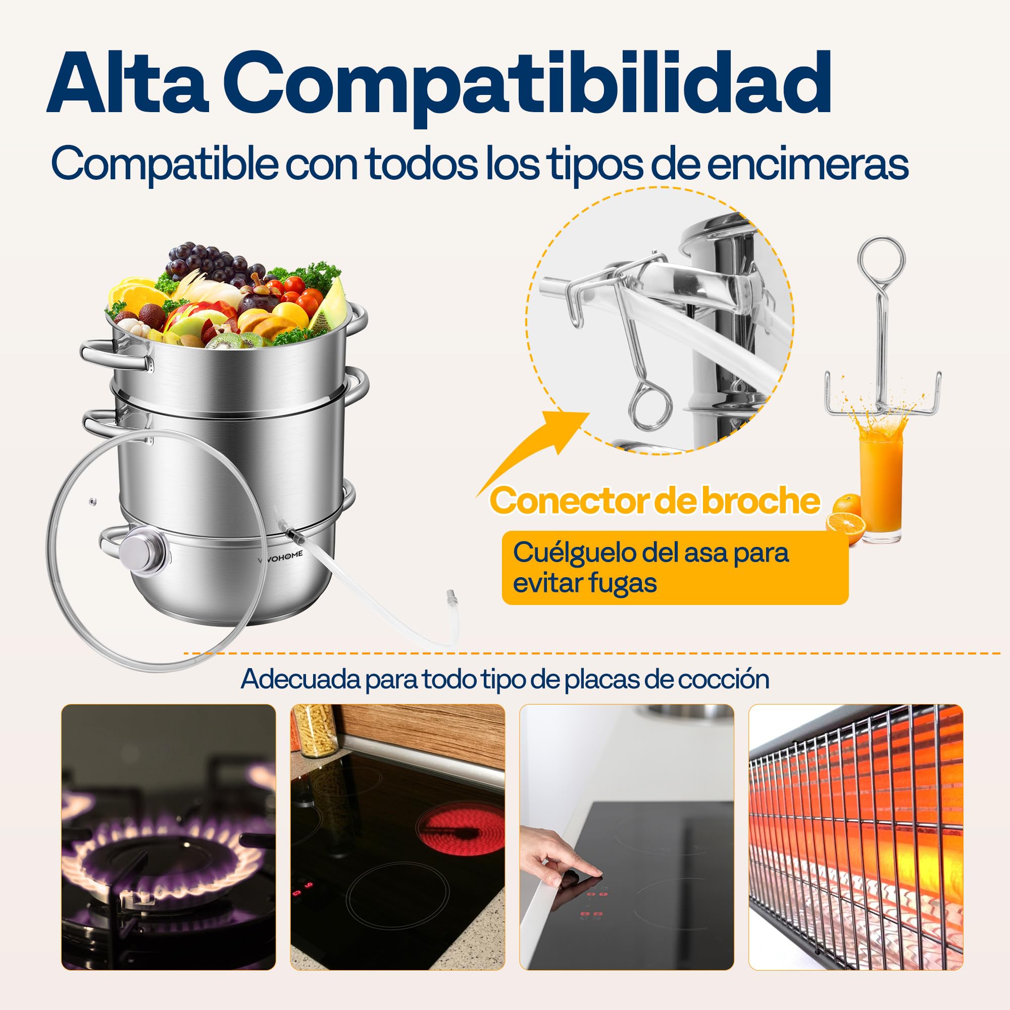 VIVOHOME Exprimidor de Vapor con Tapa de Vidrio 8L Extractor de Frutas | Ø 26cm, Acero Inoxidable, Verduras Casero con Tubo, Apto para Lavavajillas, para Todas las Cocinas, incluida Inducción