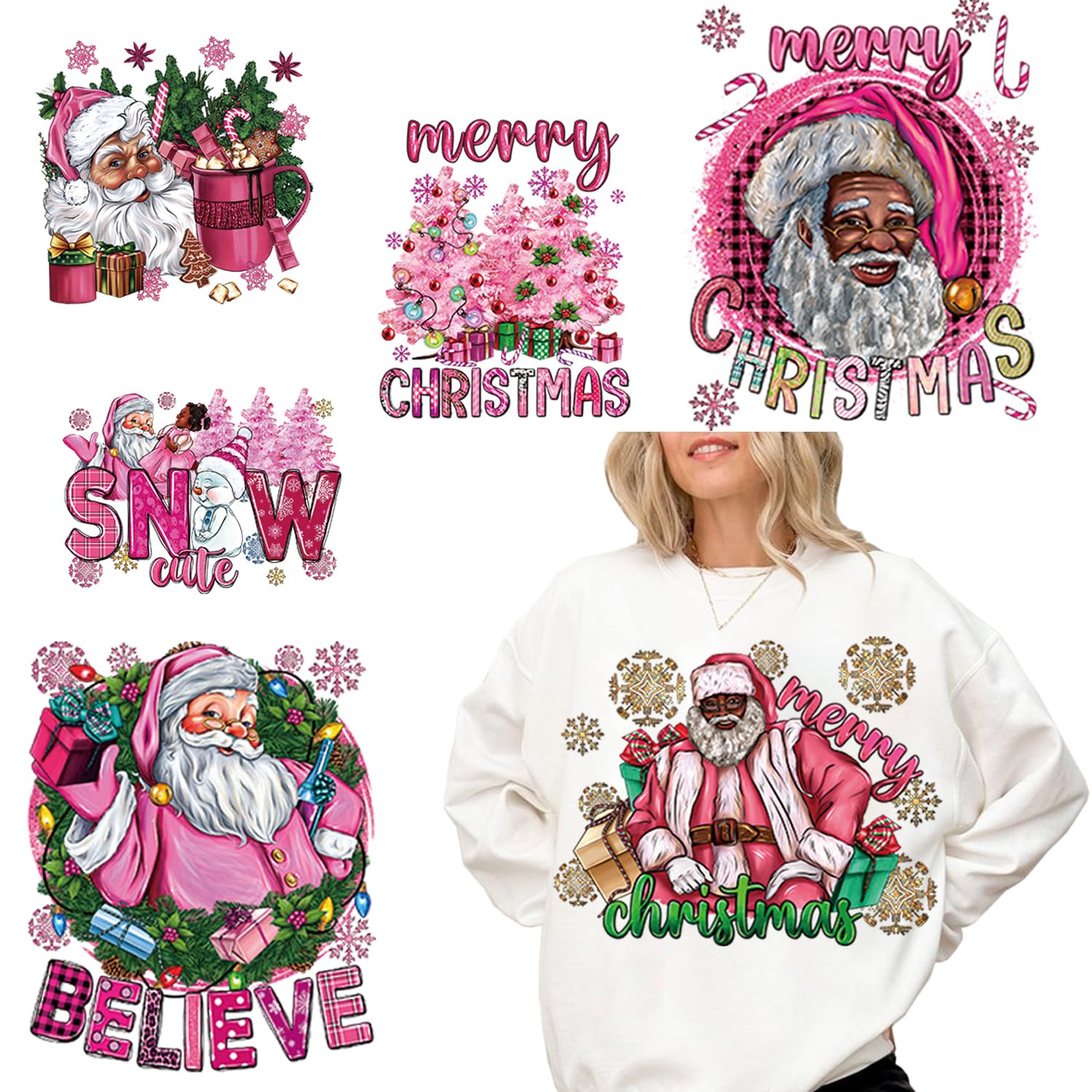 6Pcs Christmas Iron on Transfers Stickers Black Santa Claus