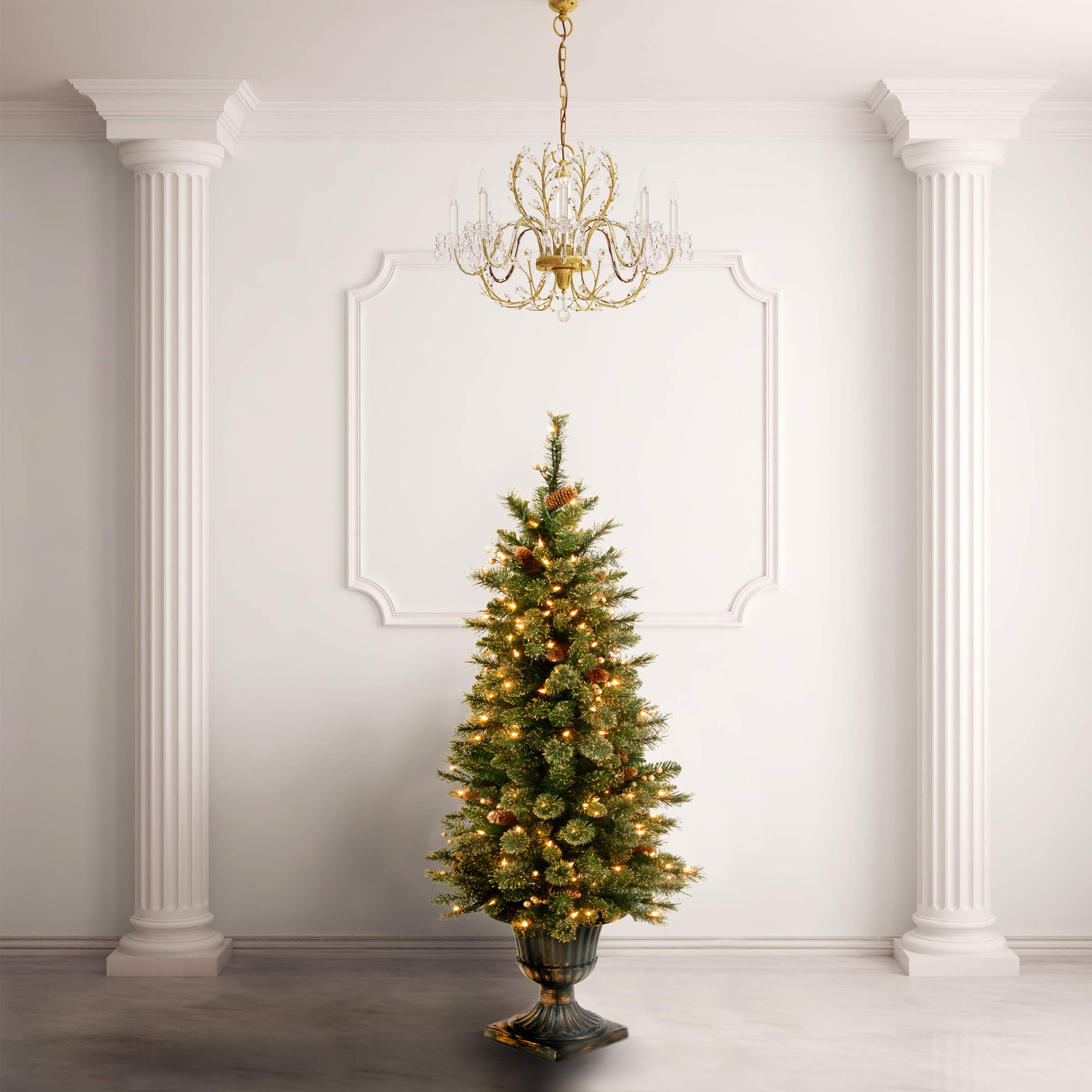 National Tree Company Pre-lit Artificial Christmas Tree For Entrances| Flocked with Cones and Gold Berries | Includes Pre-strung White Lights | Glittery Gold Pine - 4ft