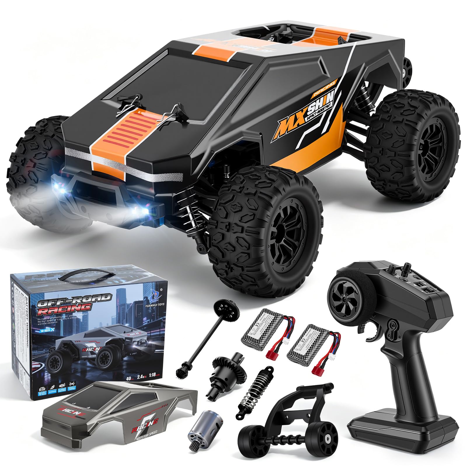 1:18 RC Offroad Auto 40 km/h, rápido teledirigido drift & coche de carreras con 4 WD, 2,4 GHz, todoterreno, camión de deriva, impermeable, 2 baterías y 2 carrocerías, para niños y adultos