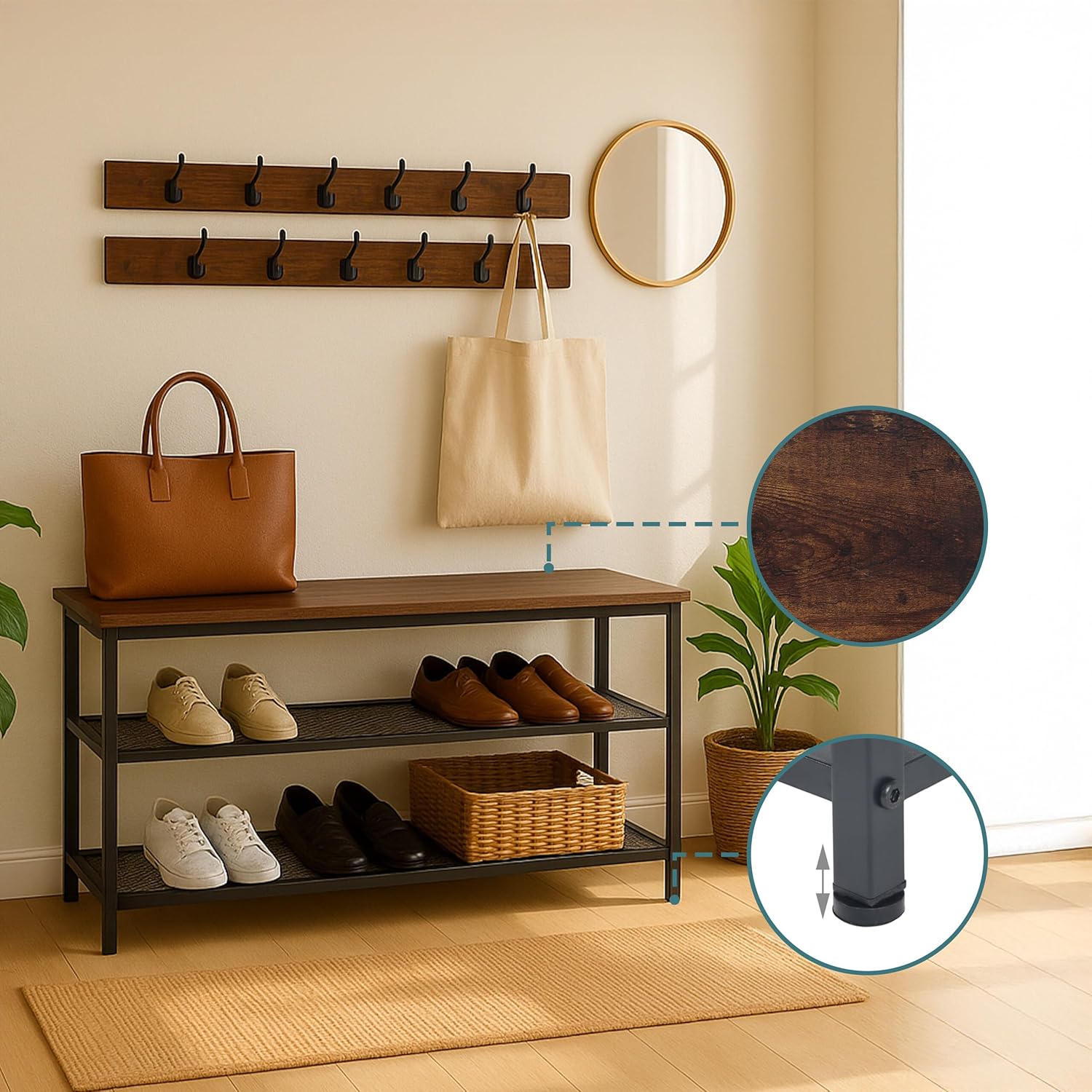 Relaxdays Shoe Rack with Wardrobe, Shoe Rack, 6 Pairs of Shoes, H x D x D: 45 x 80 x 30 cm, Hook Racks, Industrial, Black/Brown