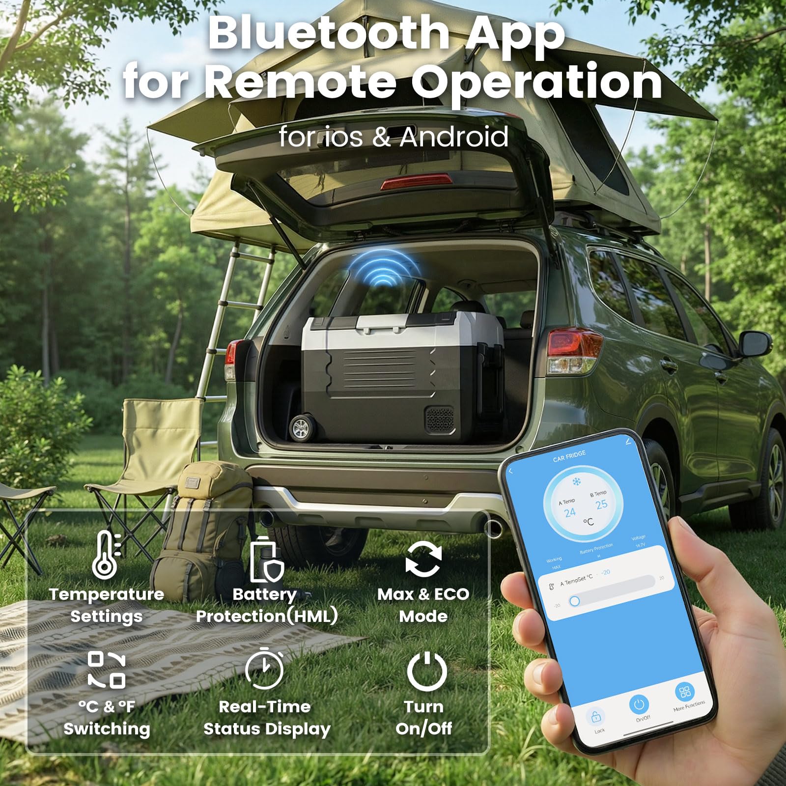 KROAK 45L Kompressor-Kühlbox mit Bluetooth-App, Dual-Zone (-20°C bis +20°C) | elektrisch für 12V/24V/230V – mit Rollen, Trennwand & Schneidebrett – ideal für Camping, Auto, LKW, Wohnmobil