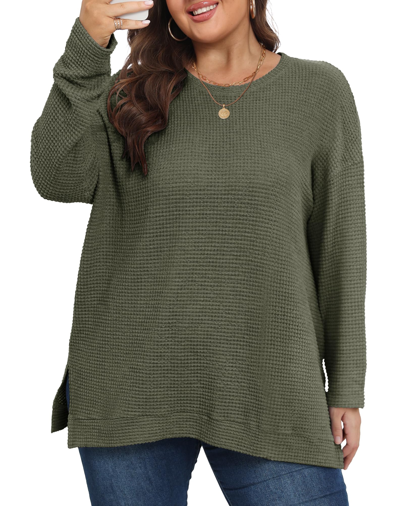 KARALIN Womens Plus Size Tops Fall CrewNeck Waffle Knit Long Sleeve Shirts Side Slits Oversized Sweater Pullover