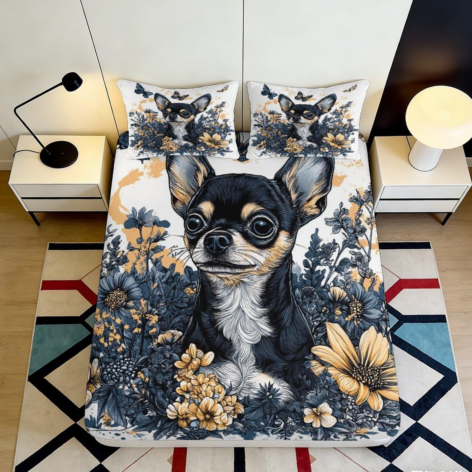 3D Printed Chihuahua Dog Fitted Sheet Microfiber Soft Breathable Floral Bed Cover for Bedroom Dormitory Guest Room Mattress Protection Decor 120x200x25cm