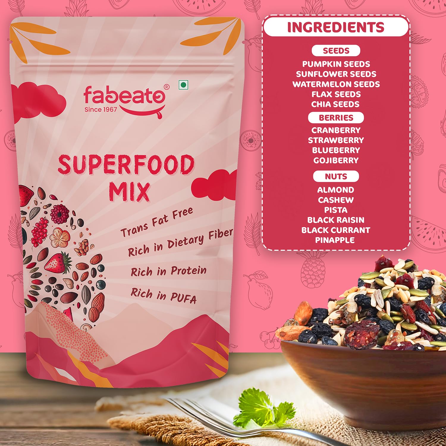Fabeato 15-In-1 Premium Superfood Mix 200g |Trail Mix |Nuts, Dry Fruits, Seeds and Berries | Rich in Dietary Fiber, Rich in Protein|Trans Fat free|Rich in PUFA 3