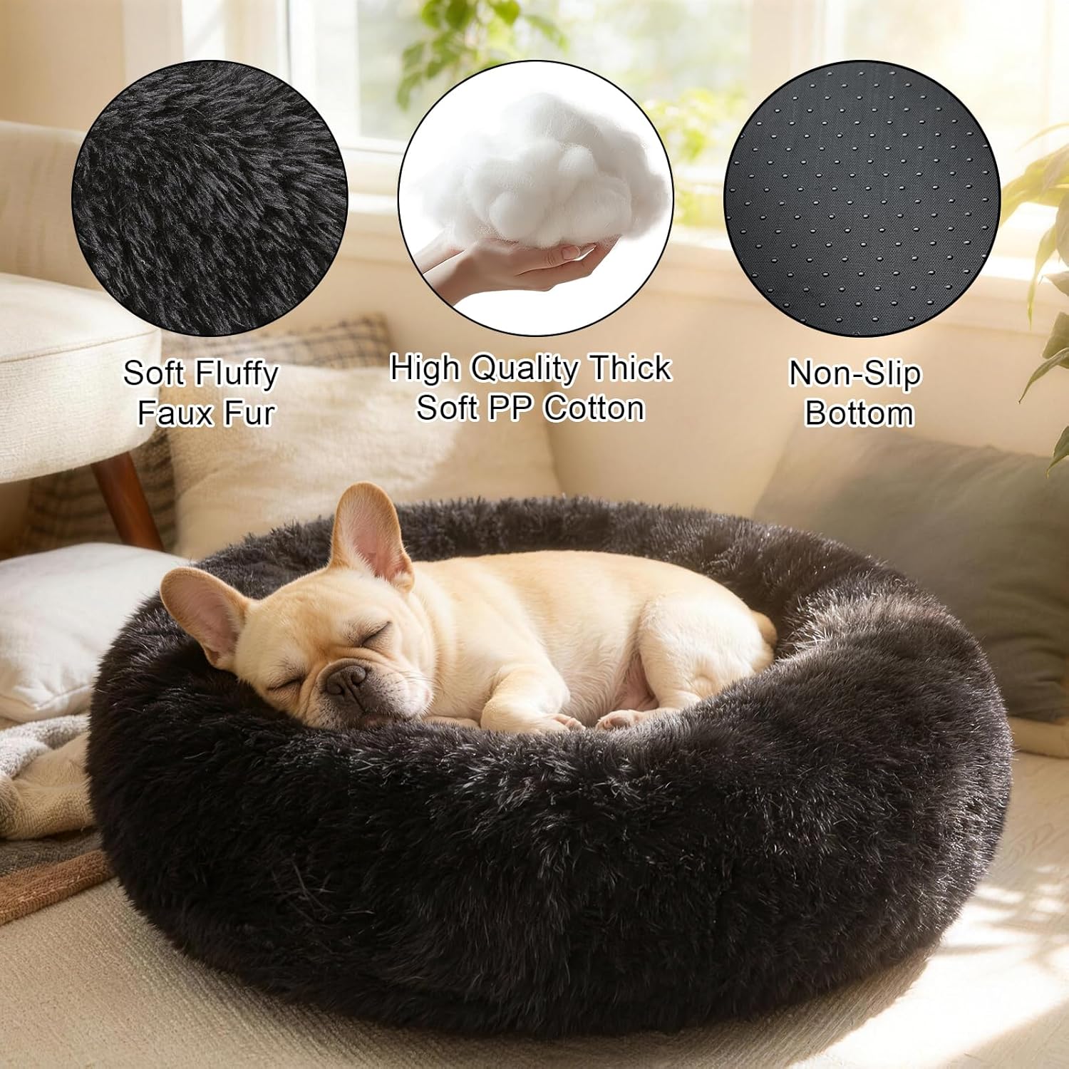 Dog Bed Calming Beds for Small Medium Large Dogs - Round Donut Washable Puppy Dog Bed, Anti-Slip Faux Fur Fluffy Donut Cuddle Anxiety Cat Pet Bed(32'' Black)