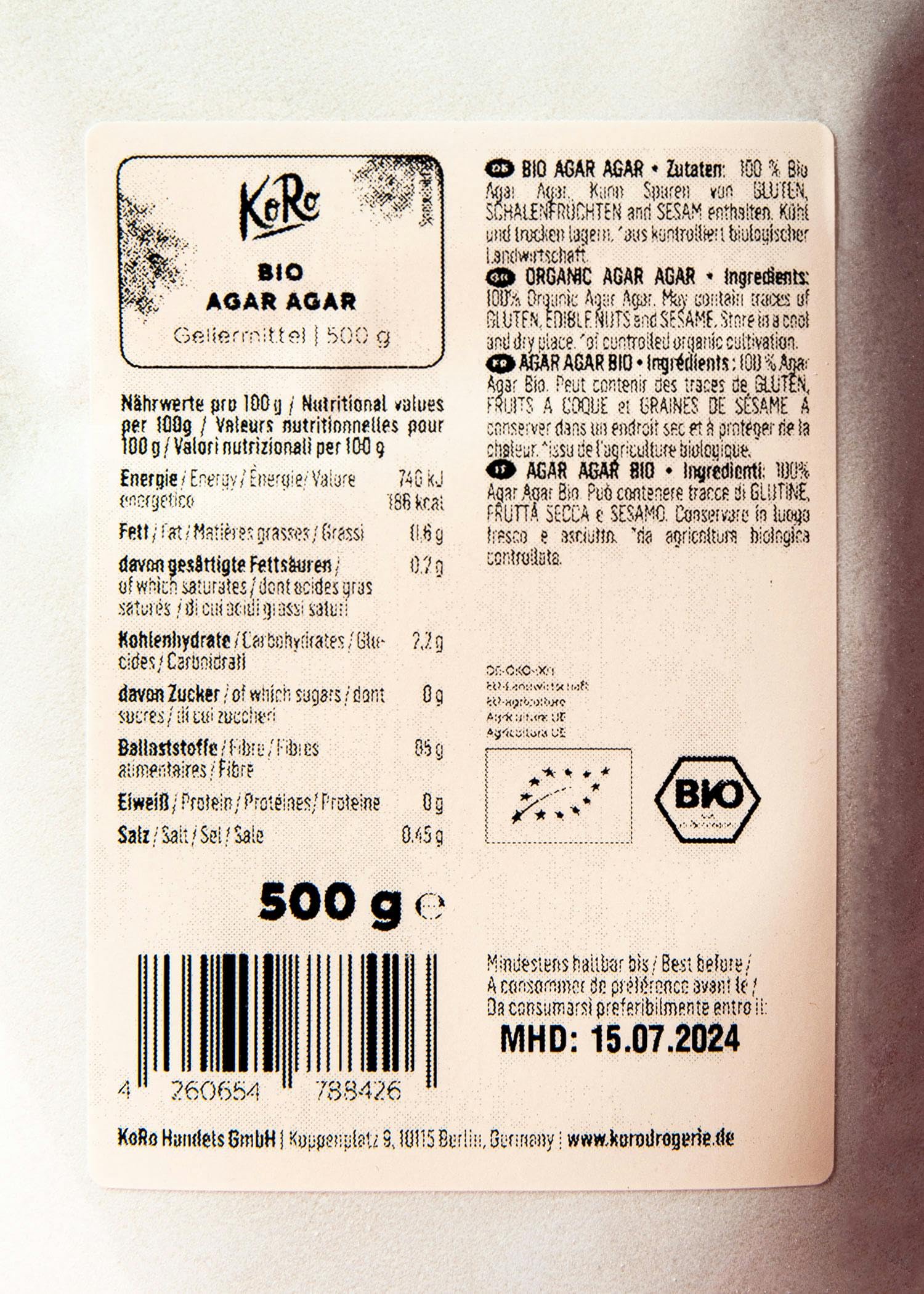 KoRo - Agar Agar bio 500 g - Pur végétal - Parfait pour épaissir et gélifier - Alternative à la gélatine - Extrait d'algues