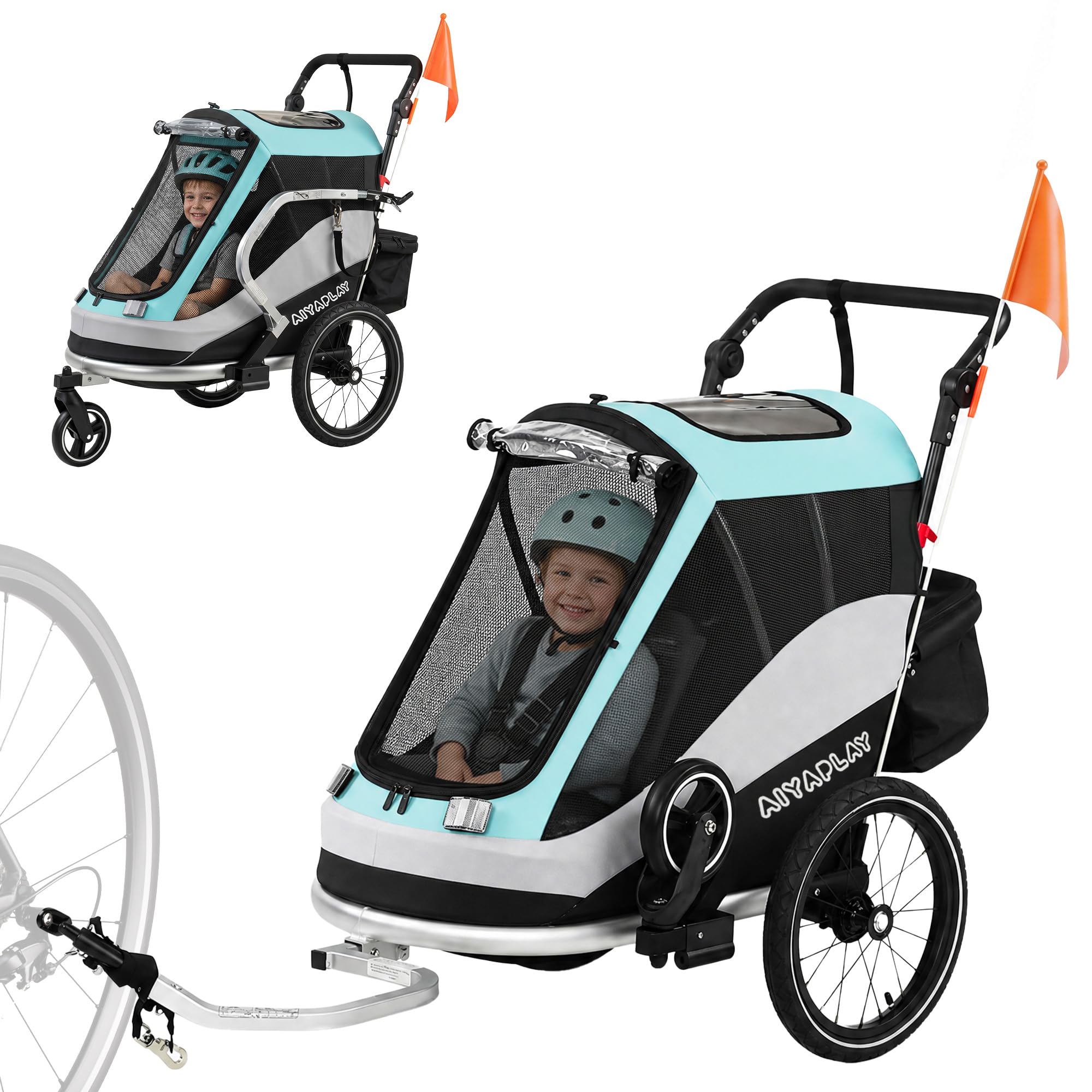 AIYAPLAY Rimorchio per bicicletta e passeggino pieghevole 2 in 1, con cintura a 5 punti, catarifrangenti, pneumatici da 16 pollici, freno, vano portaoggetti, per bambini a partire dai 12 mesi, massimo