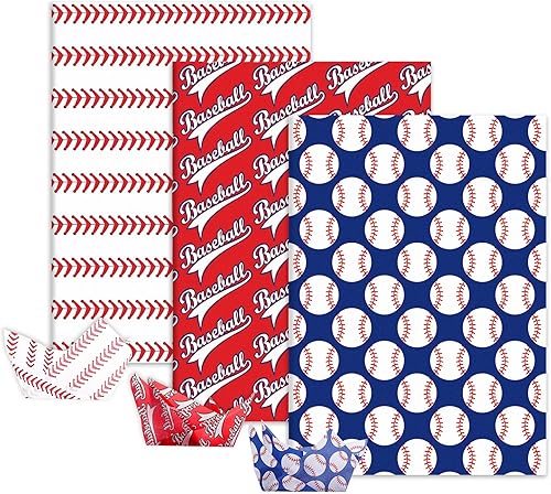 Whaline 90 piezas de papel de seda de béisbol, papel de regalo deportivo, color rojo, azul, blanco, papel de embalaje de béisbol, papel de embalaje