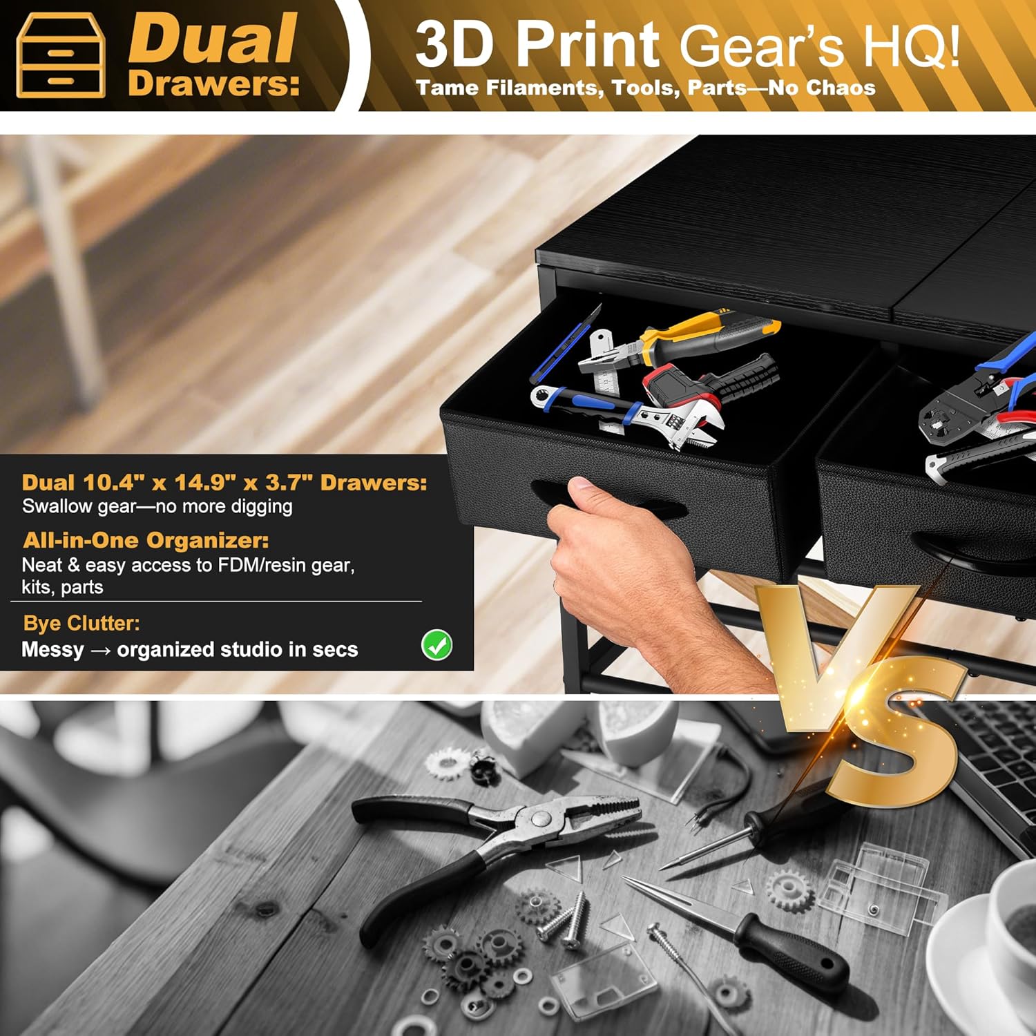 3D Printer Filament Storage Rack with Drawers, 3Tier Metal Filament Spool Holder with Wheels, 3D Printer Filament Stand for PLA/ABS/TPU/Nylon, Filaments Organzied for Workshop Studio Office, Black