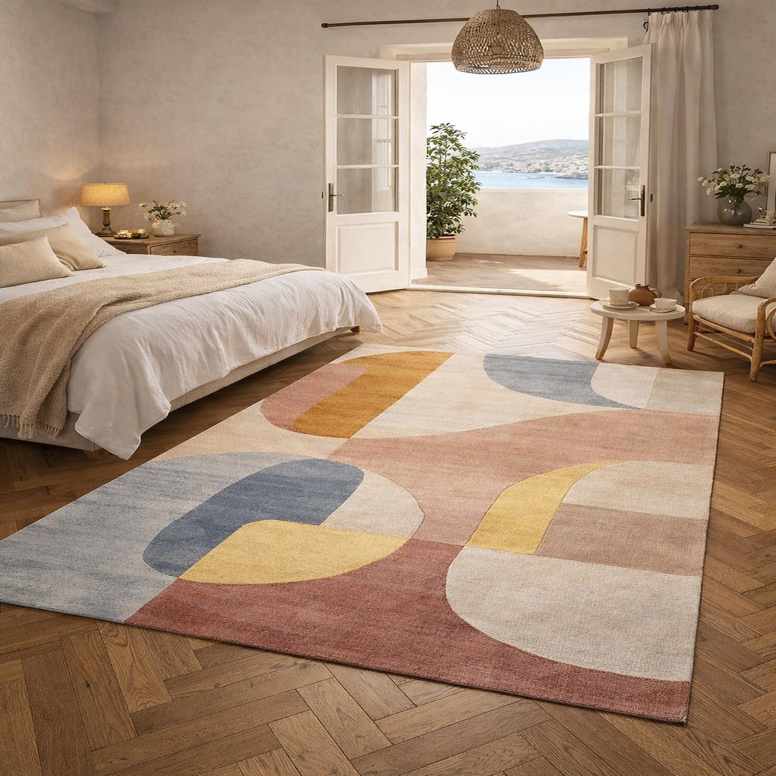Tapis de salon géométrique bleu et orange 200x280 cm pour grand séjour