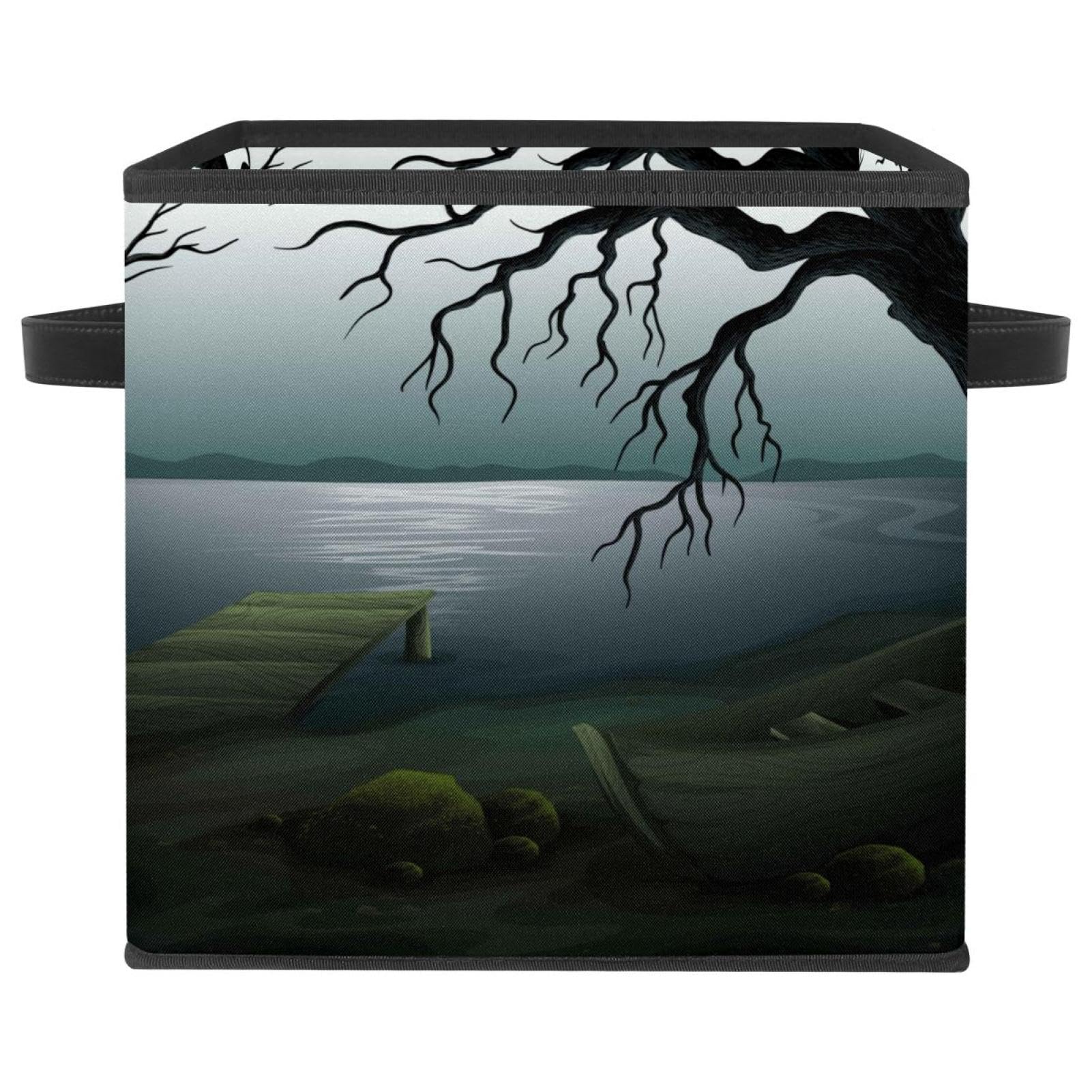 Boîte de rangement cube pliable en tissu à poignées motif Forêt pour placard de chambre