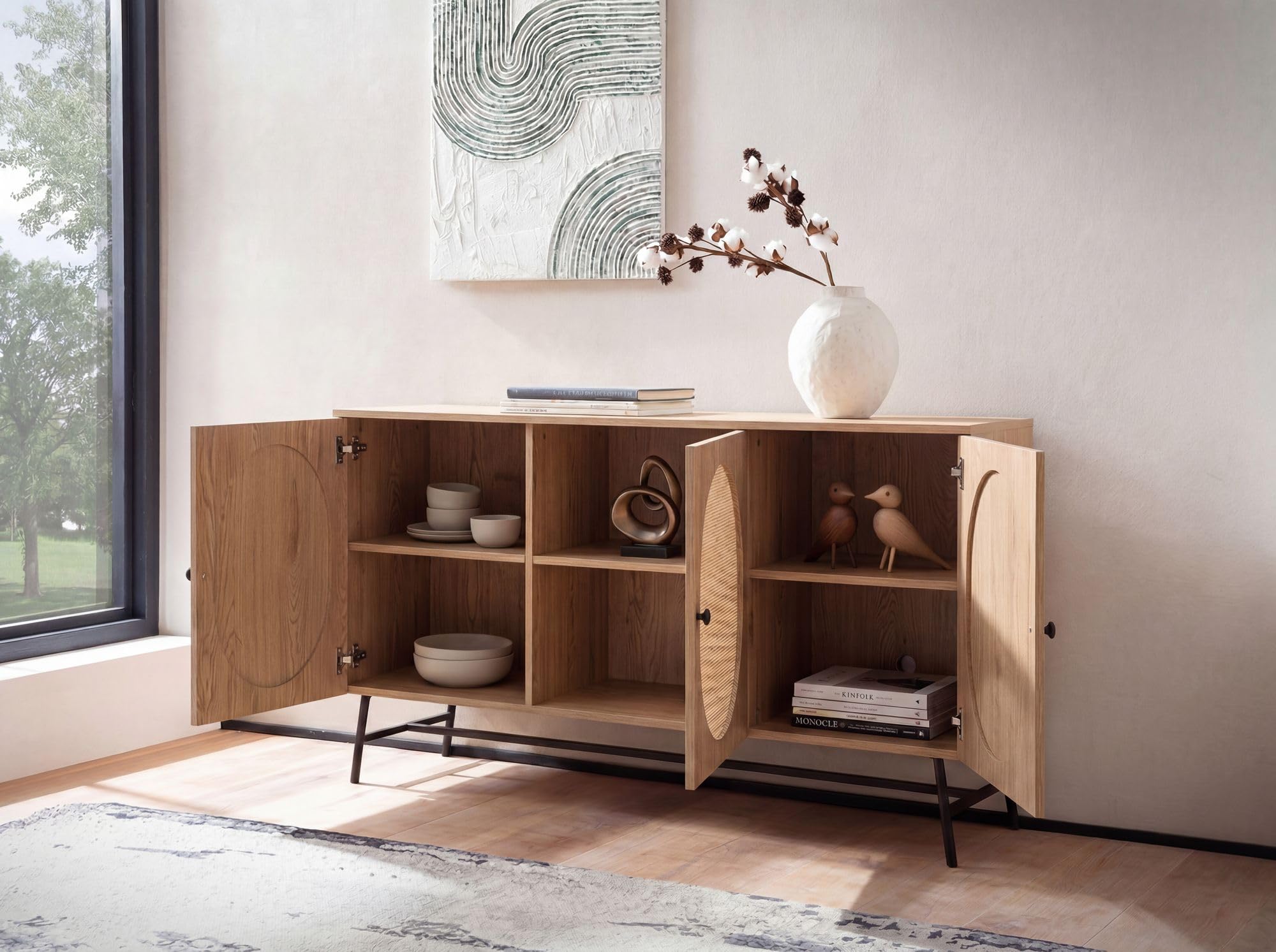 FineBuy Sideboard 140x39x80 cm Eiche-Dekor Rattan mit 3 Türen