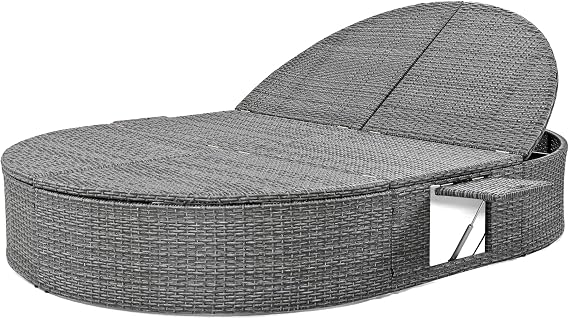 Outdoor Sun Bed Patio 2-Person Daybed with Cushions and Pillows, Rattan Garden Reclining Chaise Lounge with Adjustable Backrests and Foldable Cup Trays for Lawn, Poolside (Beige-002)