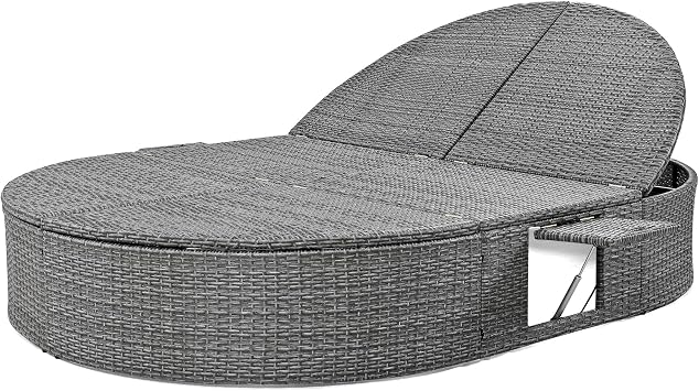 Outdoor Sun Bed Patio 2-Person Daybed with Cushions and Pillows, Rattan Garden Reclining Chaise Lounge with Adjustable Backrests and Foldable Cup Trays for Lawn, Poolside (Beige-002)