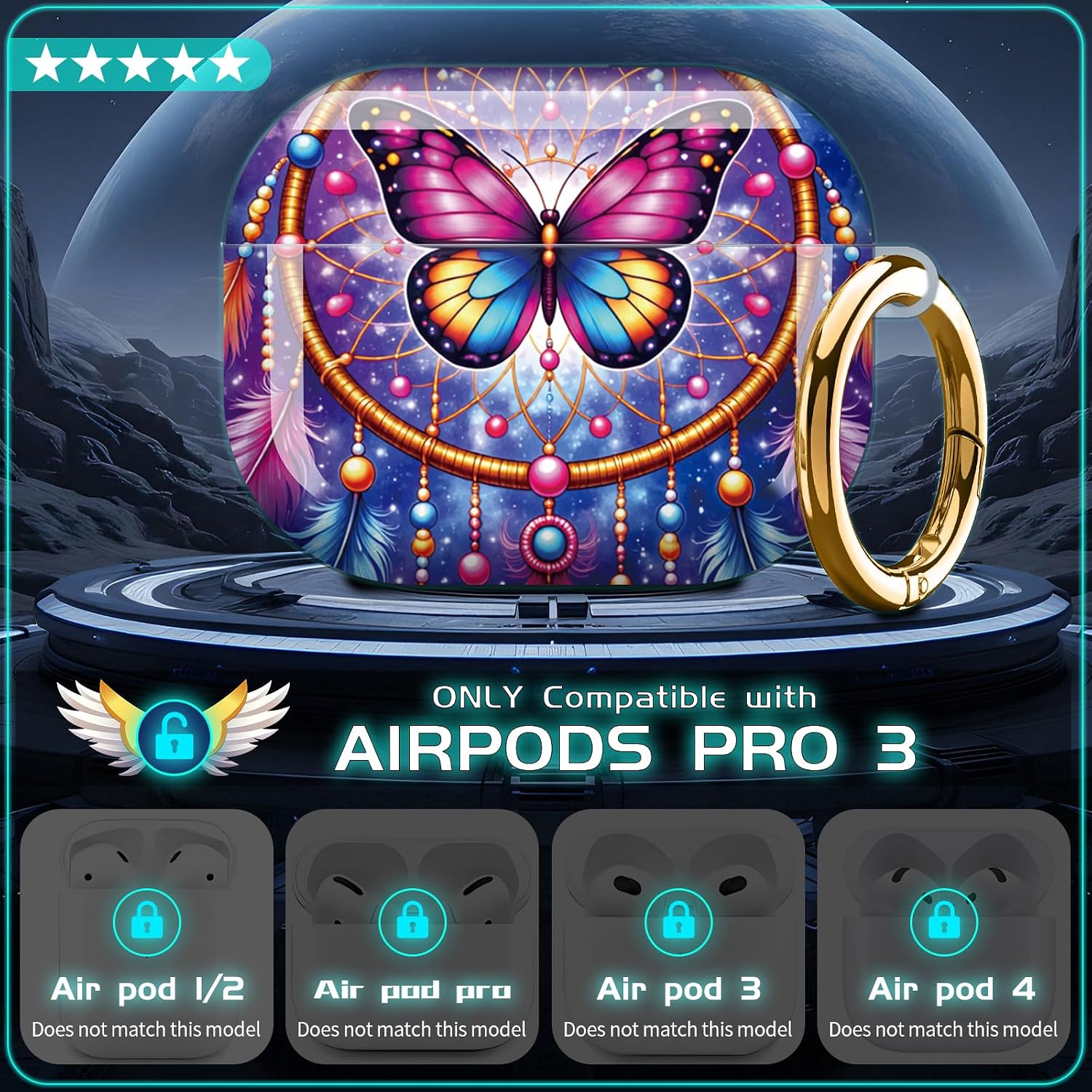 Compatible for AirPod Pro 3 Case,Shockproof Protection Cover with Keychain Wireless Charging,Personalized Hard Case for Women Girl 2025,Colorful Butterfly Feathers image 2