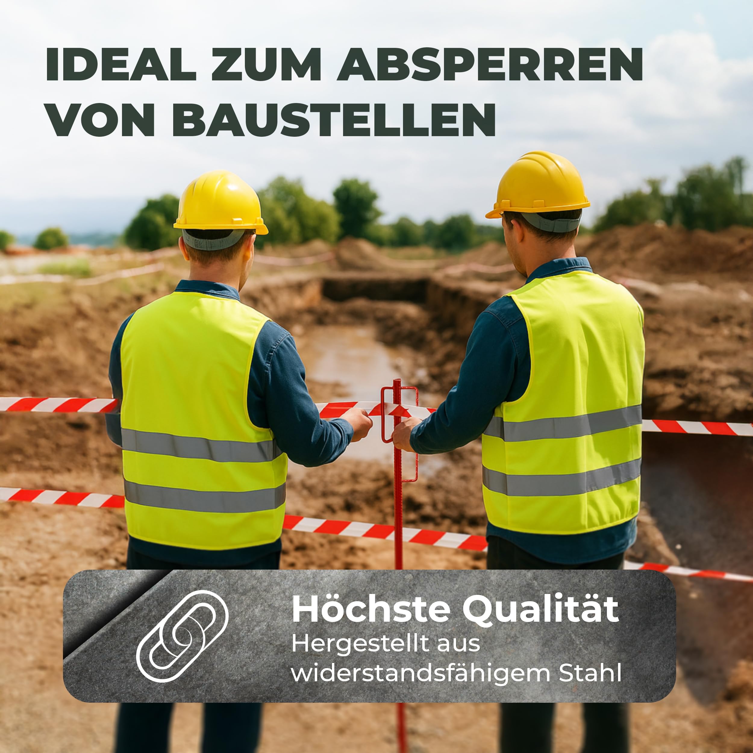Novatool 10er-Set Absperrbandhalter Ø12 x 1100mm Rot, Metall Absperrband Absperrstangen Laternenstange Absperrleinenhalter Absperrhalter Schnureisen Schnurnagel, für Baustelle & Garten