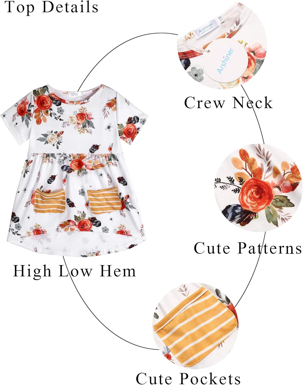 Arshiner Toddler Girls Outfits Floral Hi-Lo Tops+pants Sets Short SLeeve 2pcs Pants Sets with Pockets: Clothing, Shoes & Jewelry