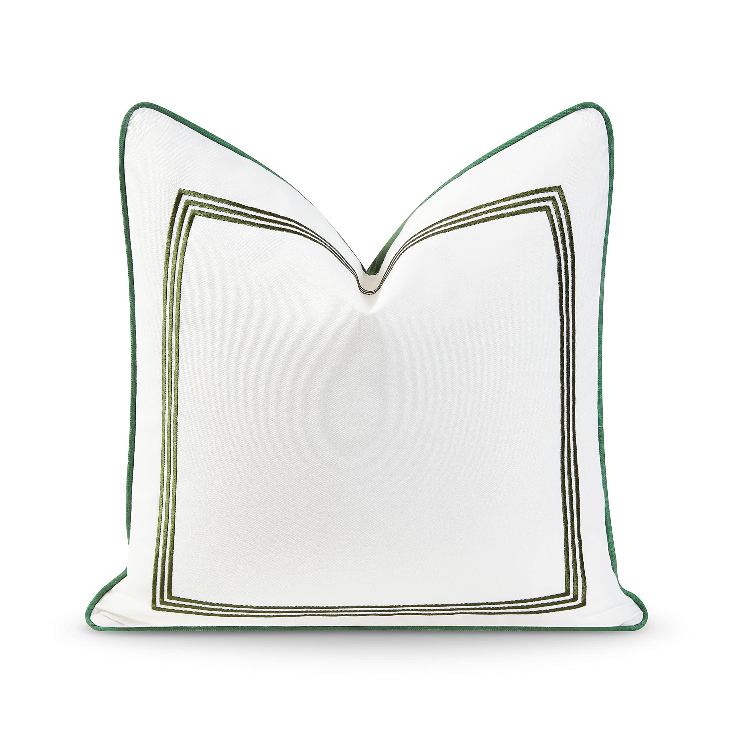 Hofdeco Premium Coastal Patio Indoor Outdoor Pillow Cover Only, 20"x20" Water Resistant for Backyard, Couch, Green Embroidered Square Line