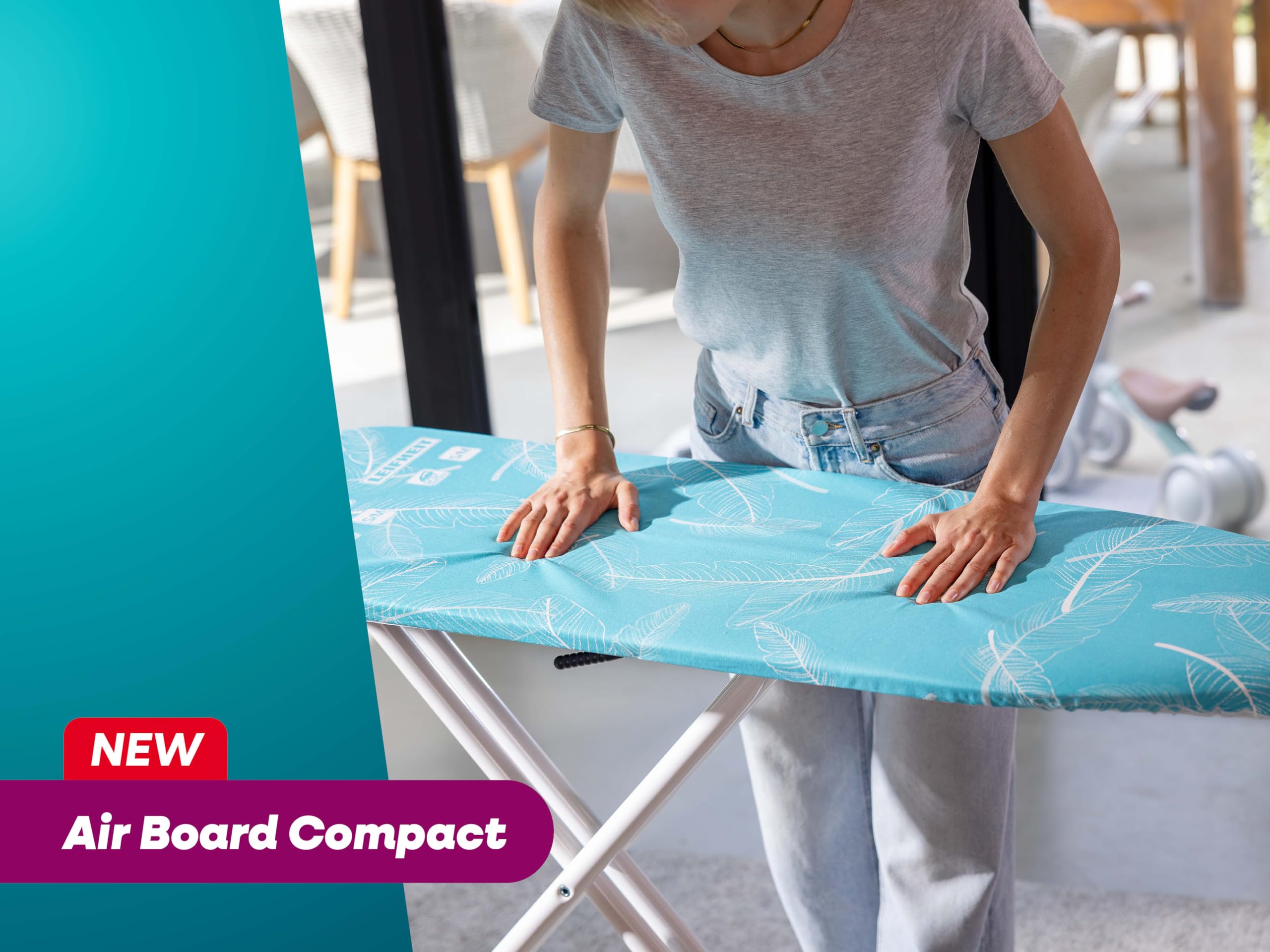 Leifheit Tabla de Planchar Air Board M Compact, Thermo-Reflect | Superficie 120 x 38 cm, altura regulable 78-98 cm, ultraligera, plegable, soporte para plancha y cable integrado