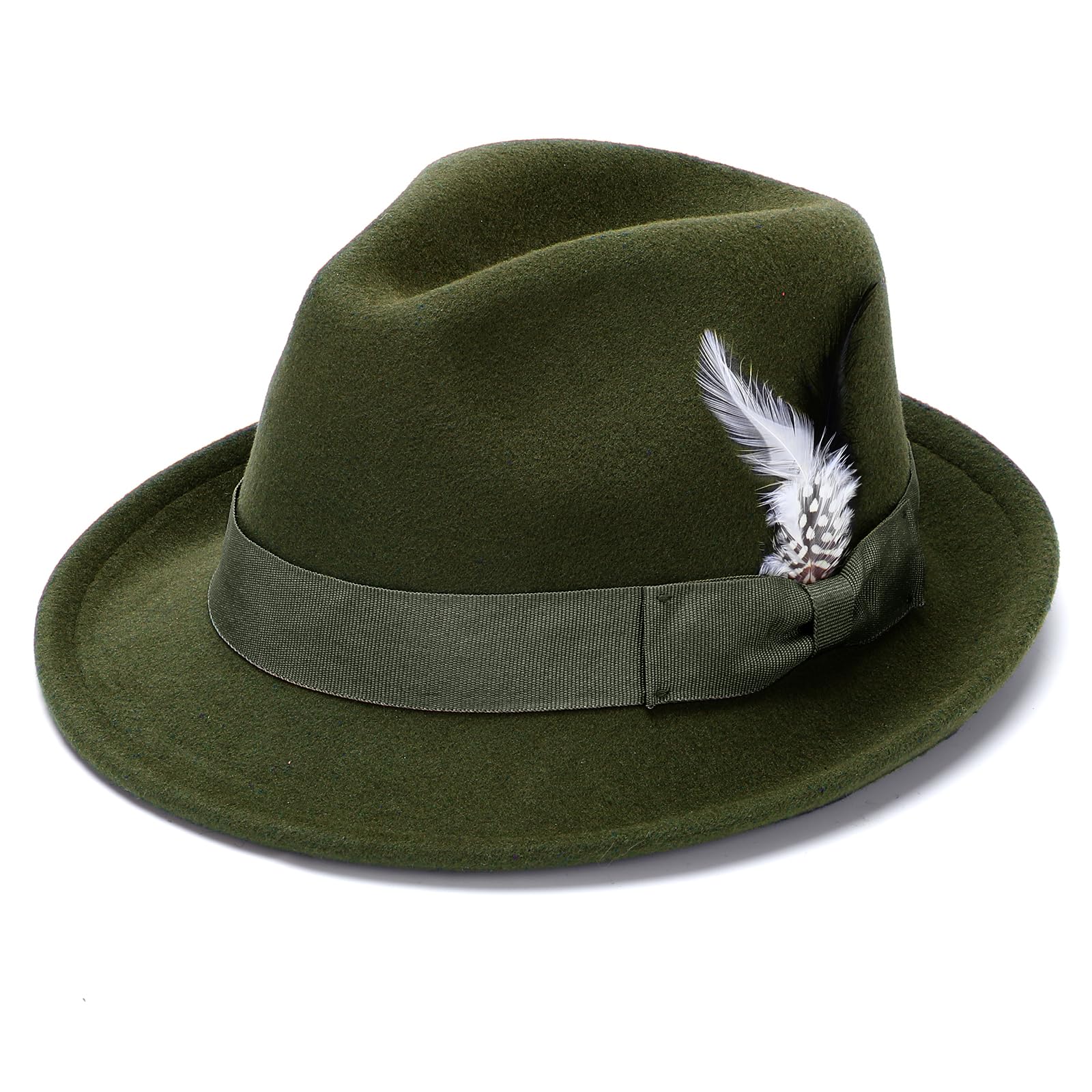 Geebuzz Men's Feather-Green Fedora Hats For Wo Classic Short Brim Felt Manhatta Fedora Hat With Feathers Band (Uk, Alpha, One Size, )