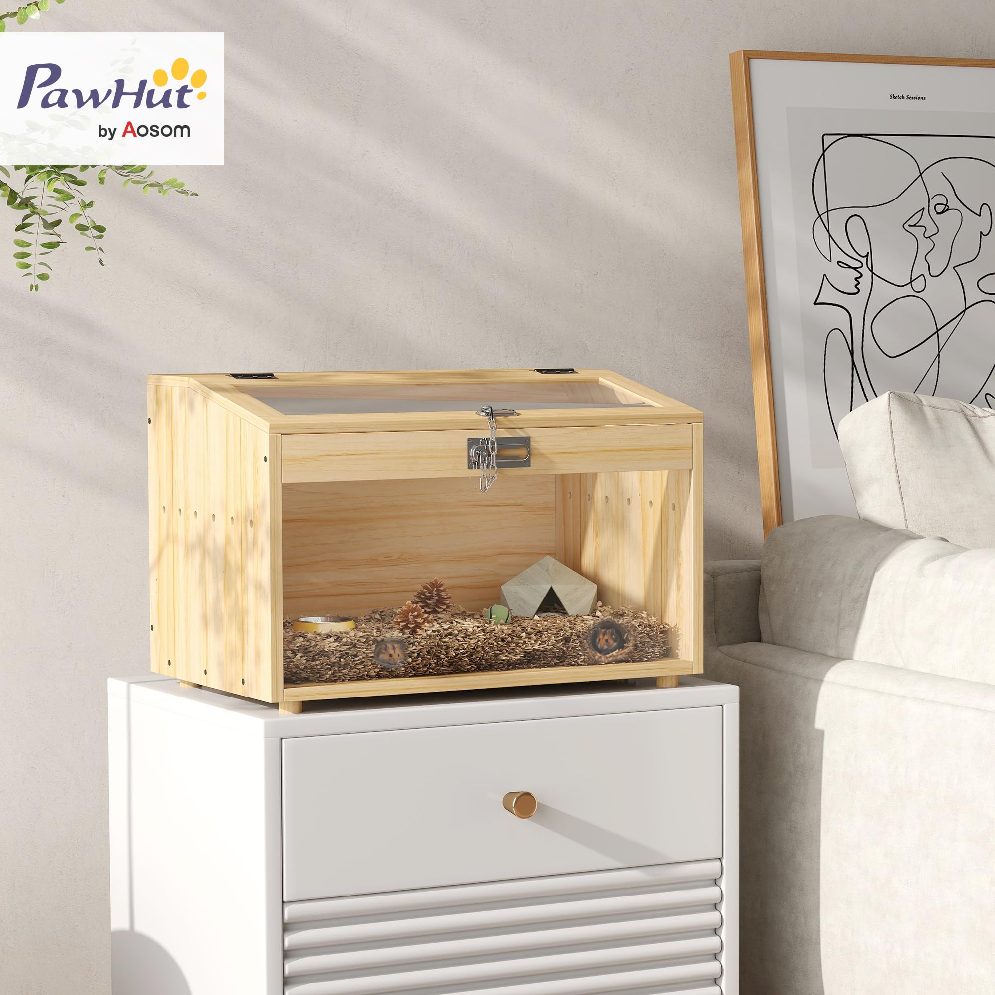 PawHut Gabbia per criceto in legno, Gabbia per topi con coperchio apribile, finestra in acrilico e fori di ventilazione per criceti nani e gerbilli, 55 x 35 x 35 cm, effetto legno naturale
