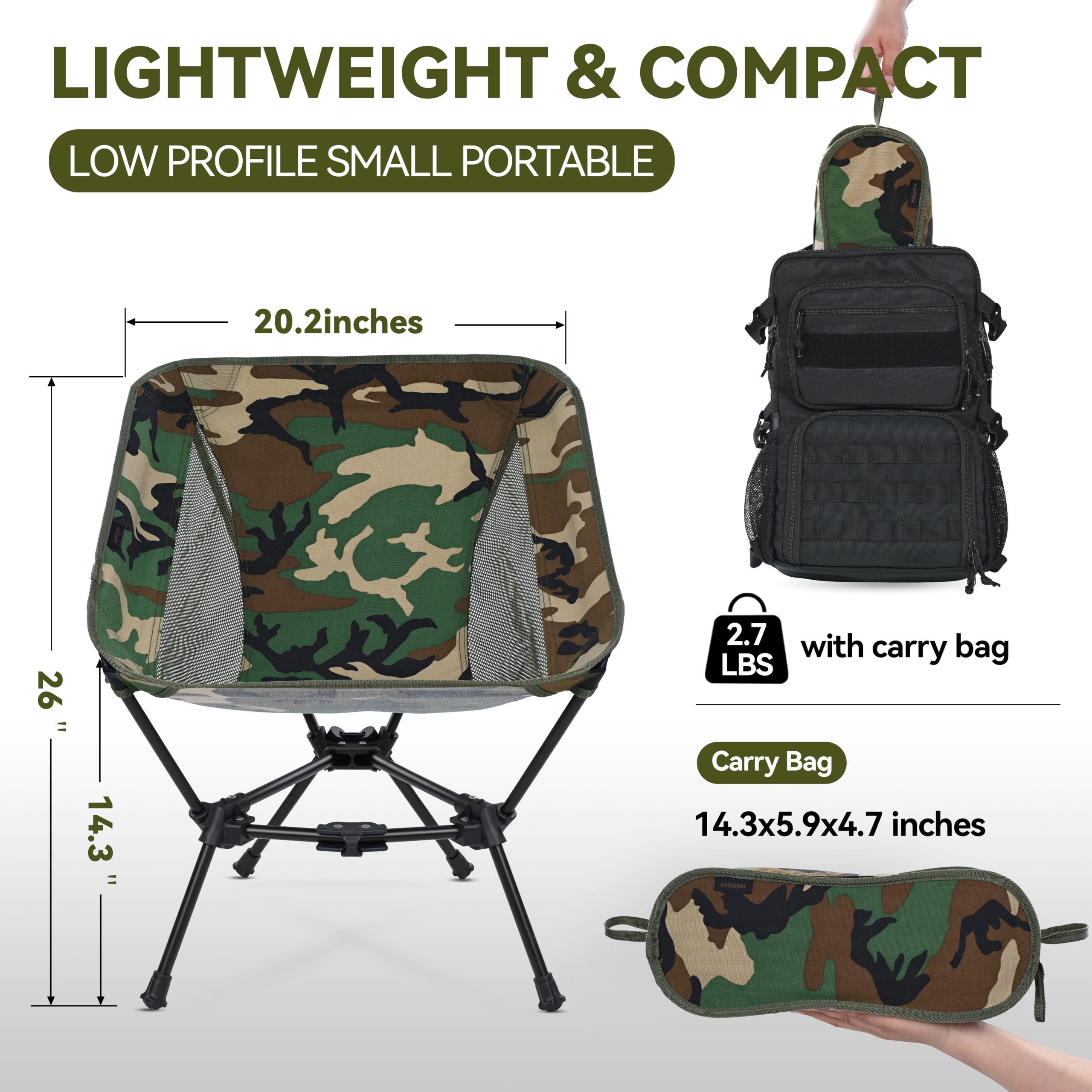 MARCHWAY Silla de camping plegable ligera, estable, portátil, compacta para campamento al aire libre, viajes, playa, picnic, festival, senderismo, mochilero, soporta 330 libras (camuflaje)