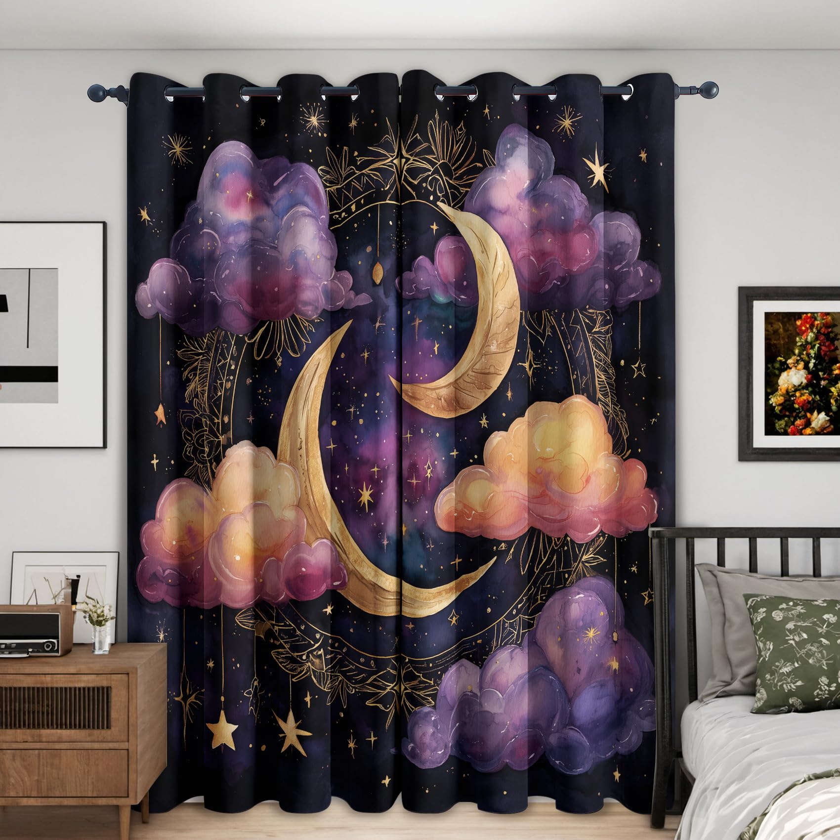 Générique Rideau Occultant Nuage Lune, Lot de 2 75x166(LxH) | Rideaux Thermiques Motif Étoile Ciel Nocturne pour Decoration Chambre Salon, Draperies Intérieurs à Oeillets E8029