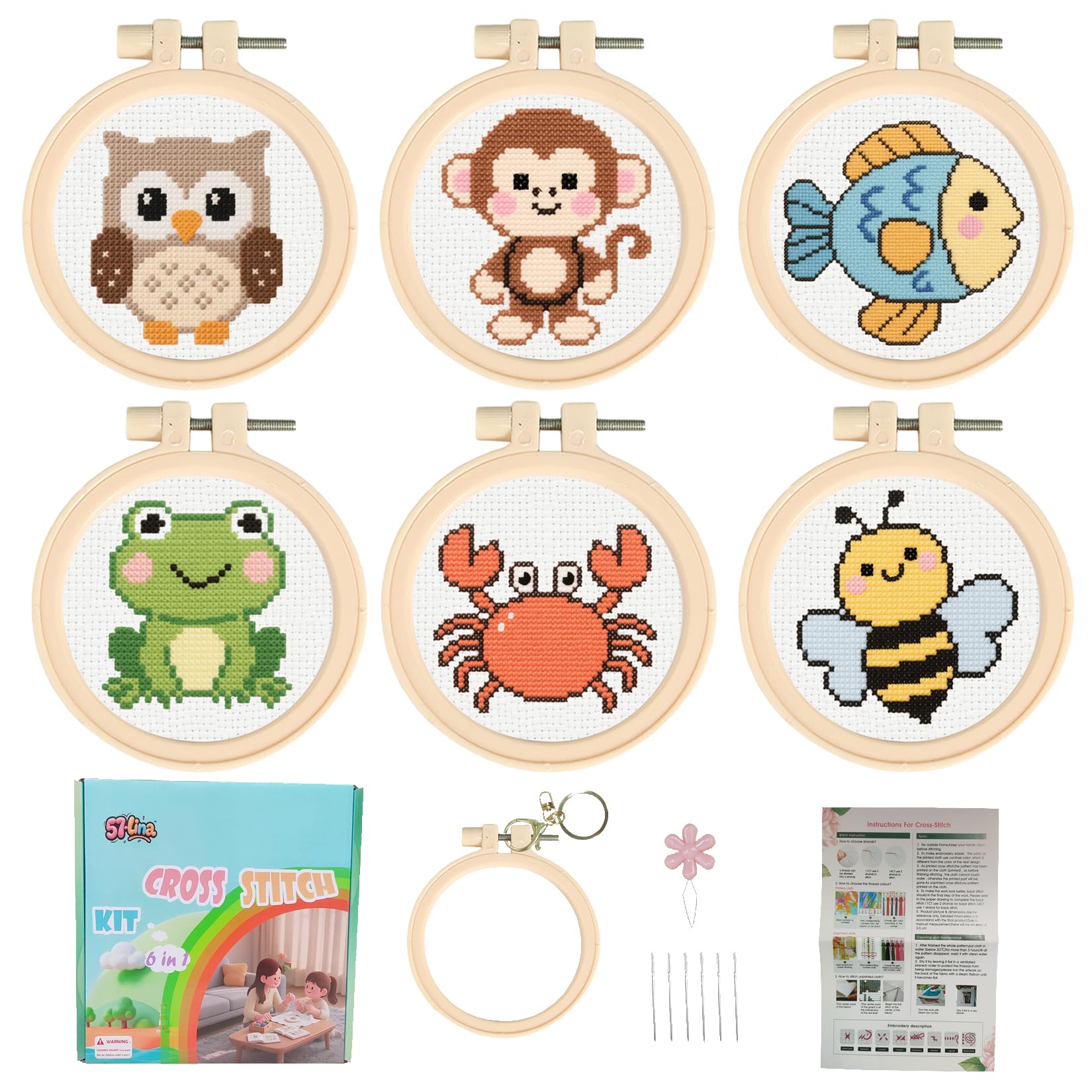 57lilina Einfache Stickset Kinder ab 8 Jahren & Anfänger, 6 Stück | Süß Stickbilder zum Sticken, DIY Klein kreuzstich Set Vorgedruckt für Rucksack-Ornament, Schlüsselanhänger & Geschenke