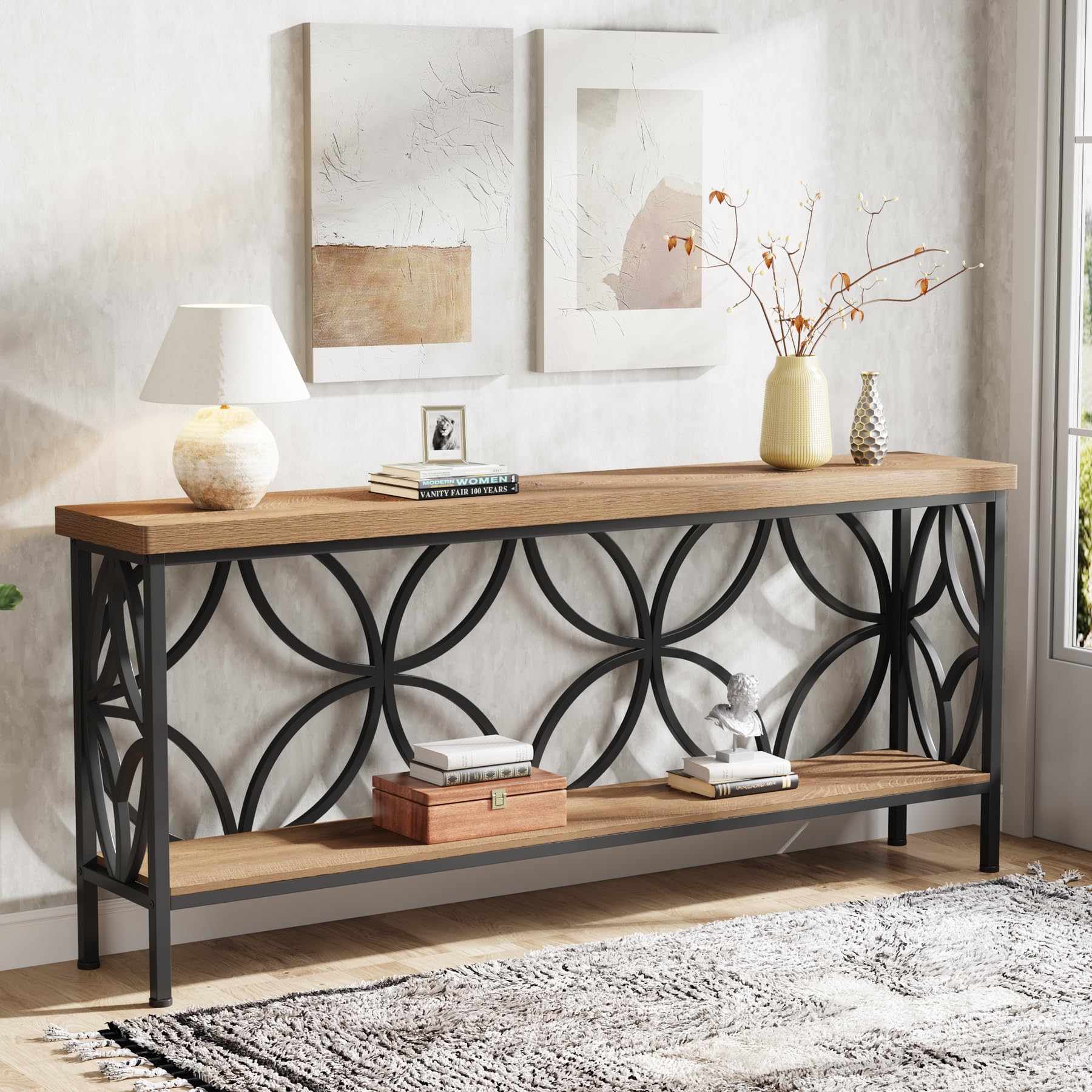 Tribesigns Tavolo consolle con ripiano, 160 cm, tavolino da corridoio, tavolino da salotto, design unico, per ingresso, corridoio, soggiorno, marrone chiaro