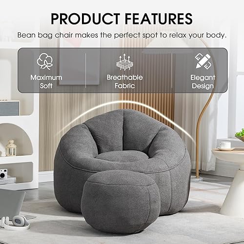 Miniatura 4 de Puf para adulto, sofá puf tapizado de microfibra con respaldo de pétalos, puf en forma de concha con reposapiés, sofá perezoso relleno de espuma